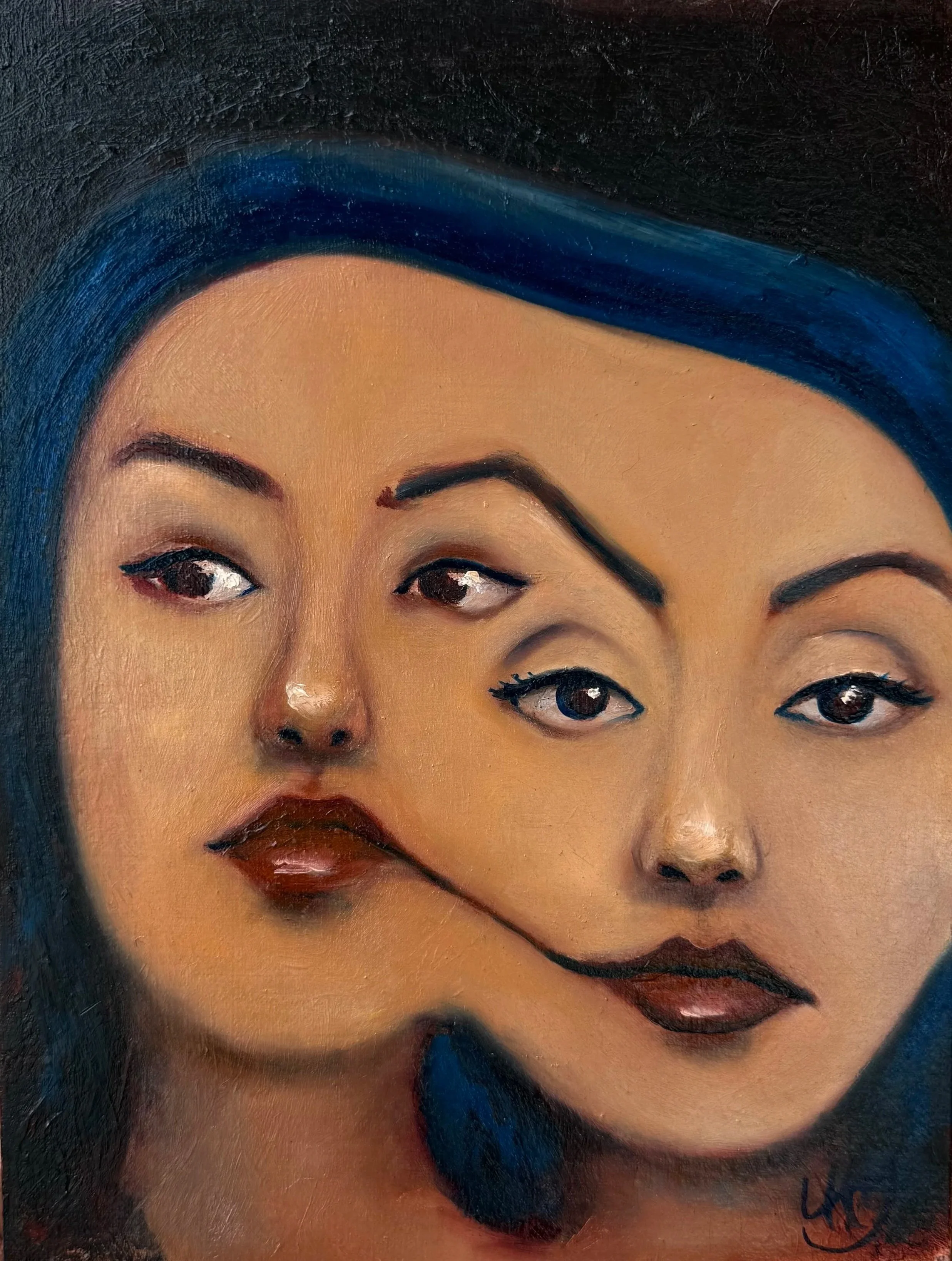 A surreal painting of two women's faces merged, sharing one eye each and one nose, with dark hair and bold makeup.
