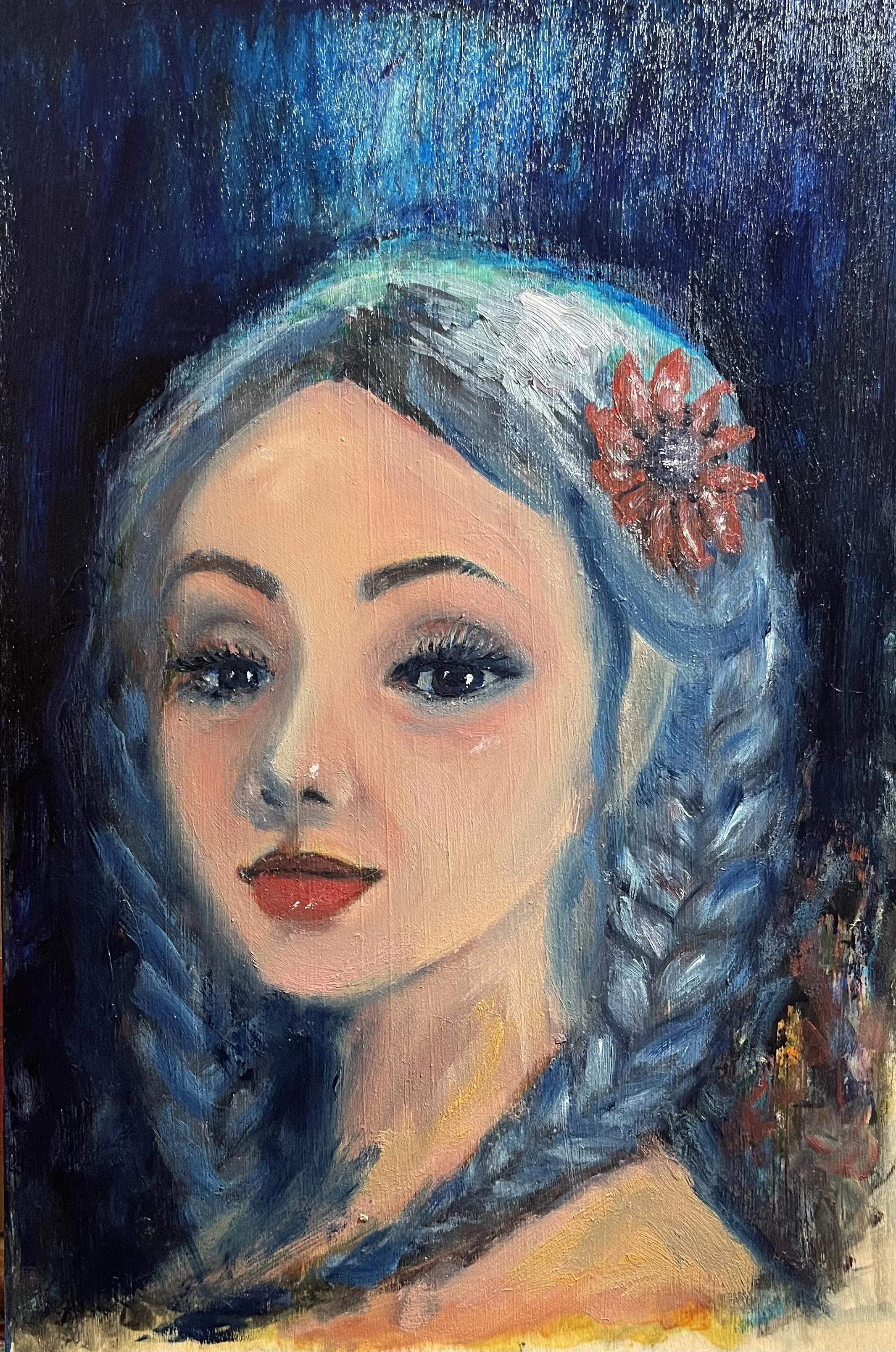 Painting of a woman with blue hair braided on one side, dark eyes, red lipstick, and a red flower in her hair against a dark background.