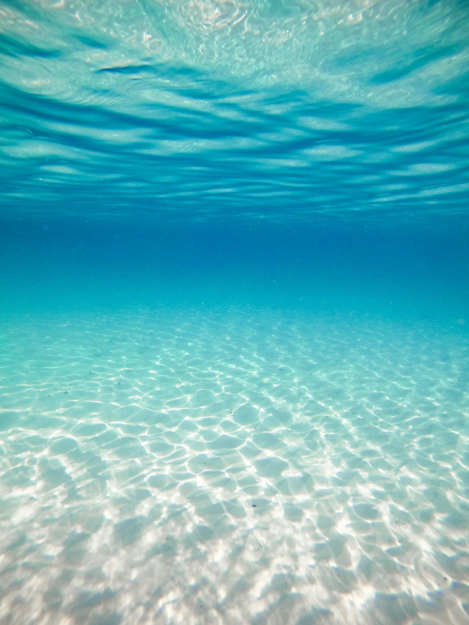 Underwater view of a sandy ocean floor with ripples and clear blue water.