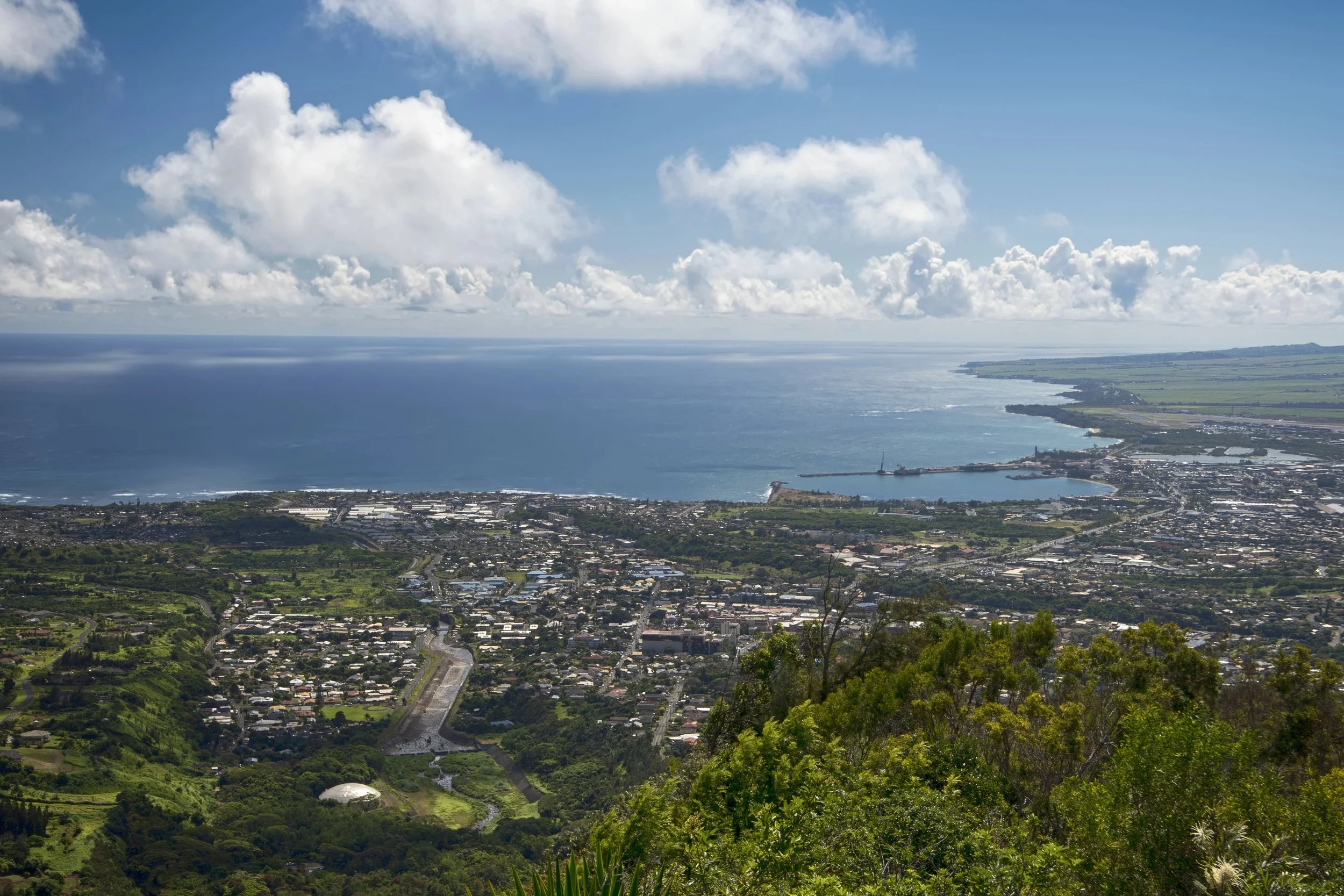 Aerial view of a coastal city with green hills in the foreground, city streets and buildings in the midground, and the ocean extending to the horizon under a partly cloudy sky.