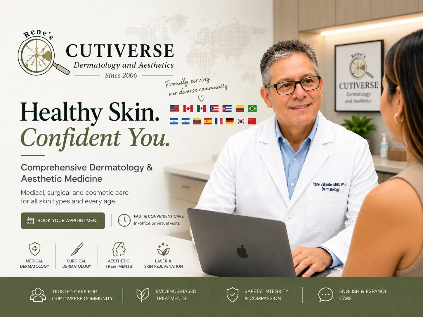 Rene A. Valiente, MHS, PA-C, consulting with a patient at CutiVerse Dermatology and Aesthetics in Miami.