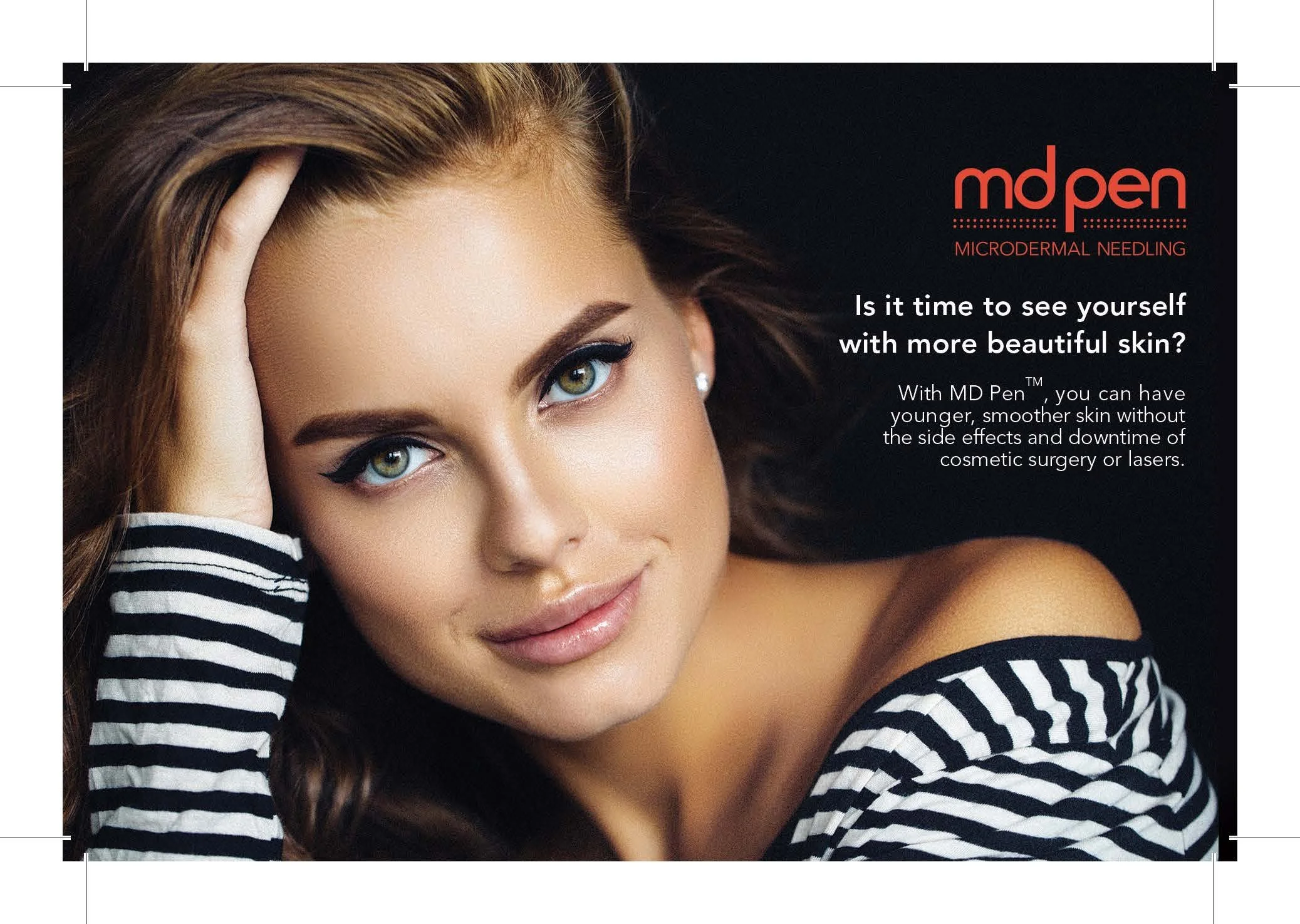MDPen microneedling promotional image featuring a woman with healthy, radiant skin
