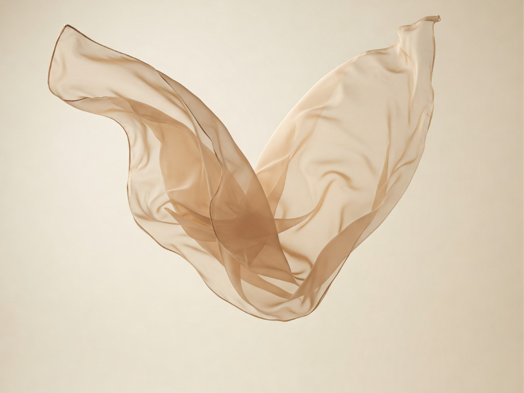 Seidenstoff in beige schwebt im Raum.