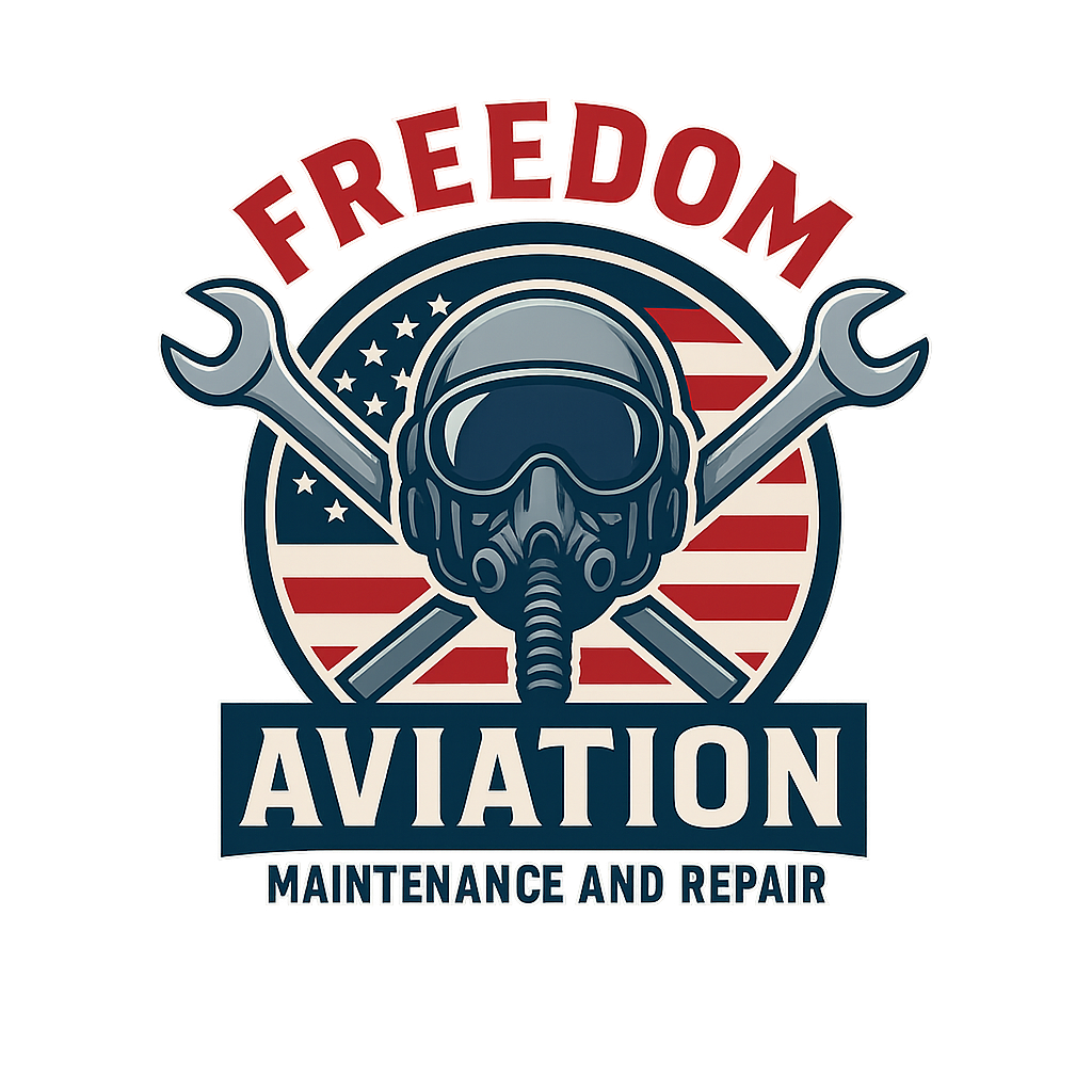 A logo for an aviation maintenance and repair shop featuring a stylized fighter jet pilot mask, crossed wrenches, and an American flag in the background with the words "FREEDOM AVIATION" and "MAINTENANCE AND REPAIR."