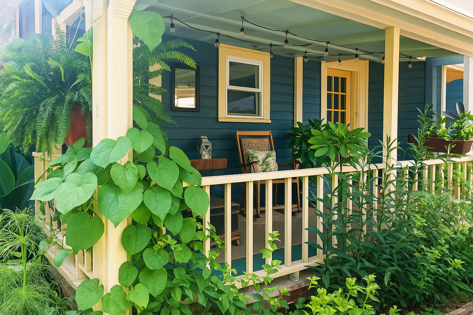 A secluded porch tucked beneath the trees