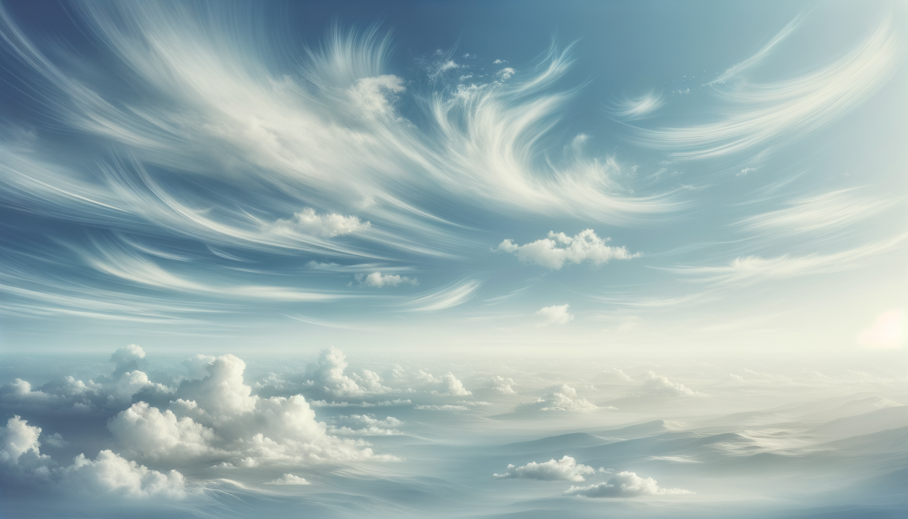 Sky filled with wispy cirrus clouds and scattered cumulus clouds, with sunlight illuminating the scene.