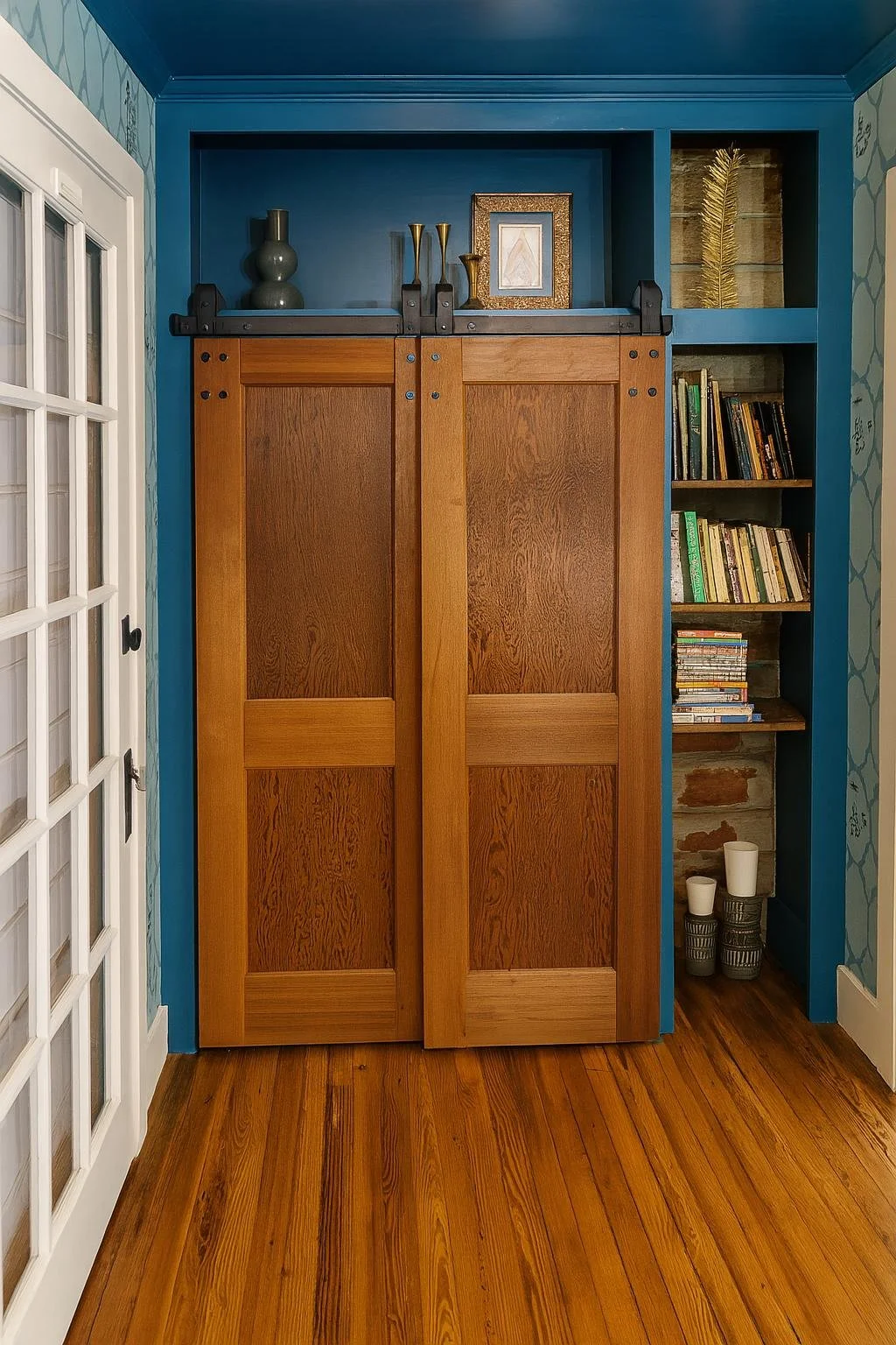 Your own closet and built-in wall cabinet with  reading and travel books 