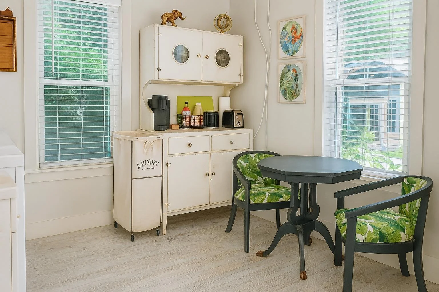 A functional and beautifully arranged kitchenette equipped for light meals and morning coffee, with handcrafted touches throughout