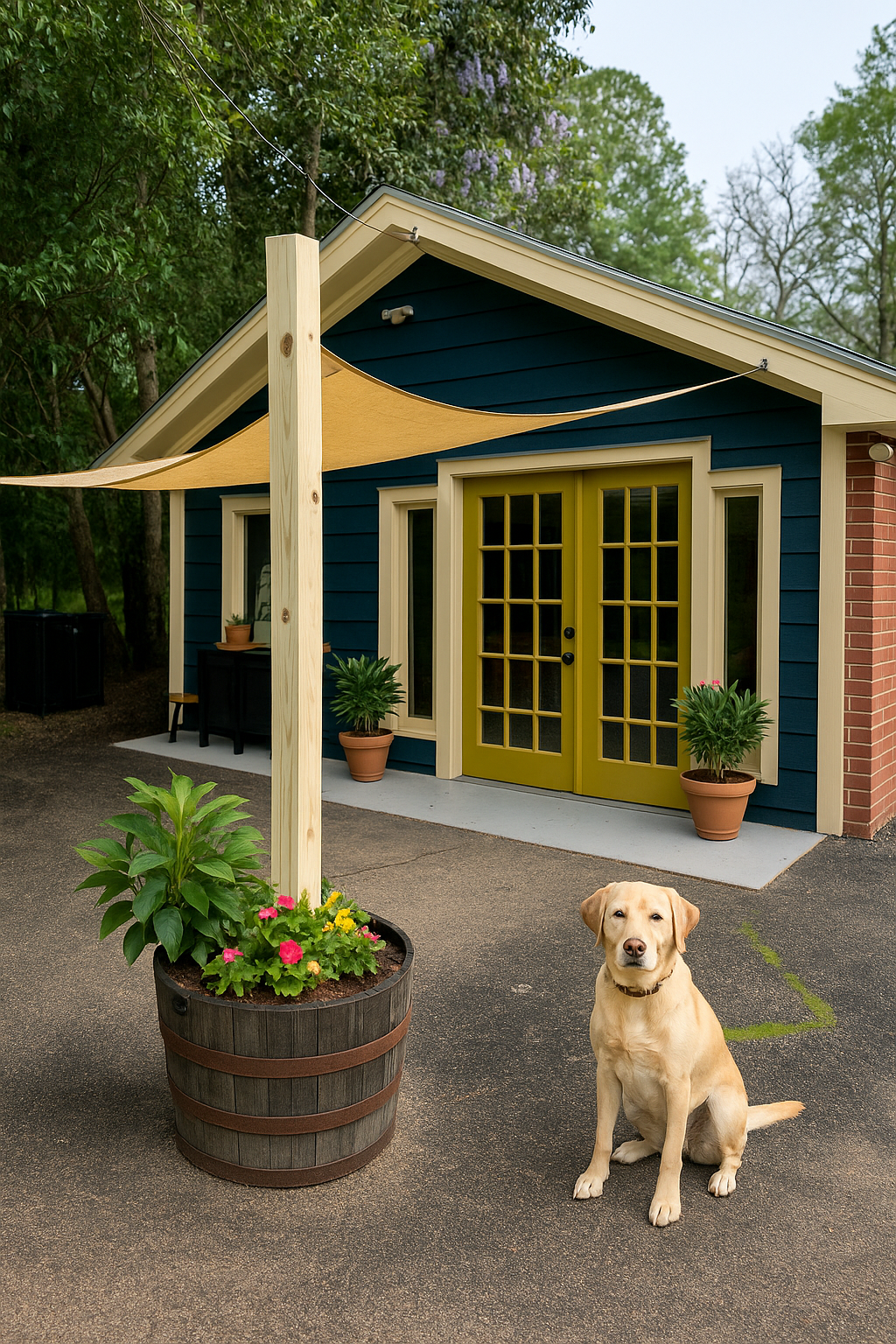 A charming blue house with yellow double doors and trim, surrounded by potted plants and flowers, with a yellow Labrador Retriever sitting on the driveway.