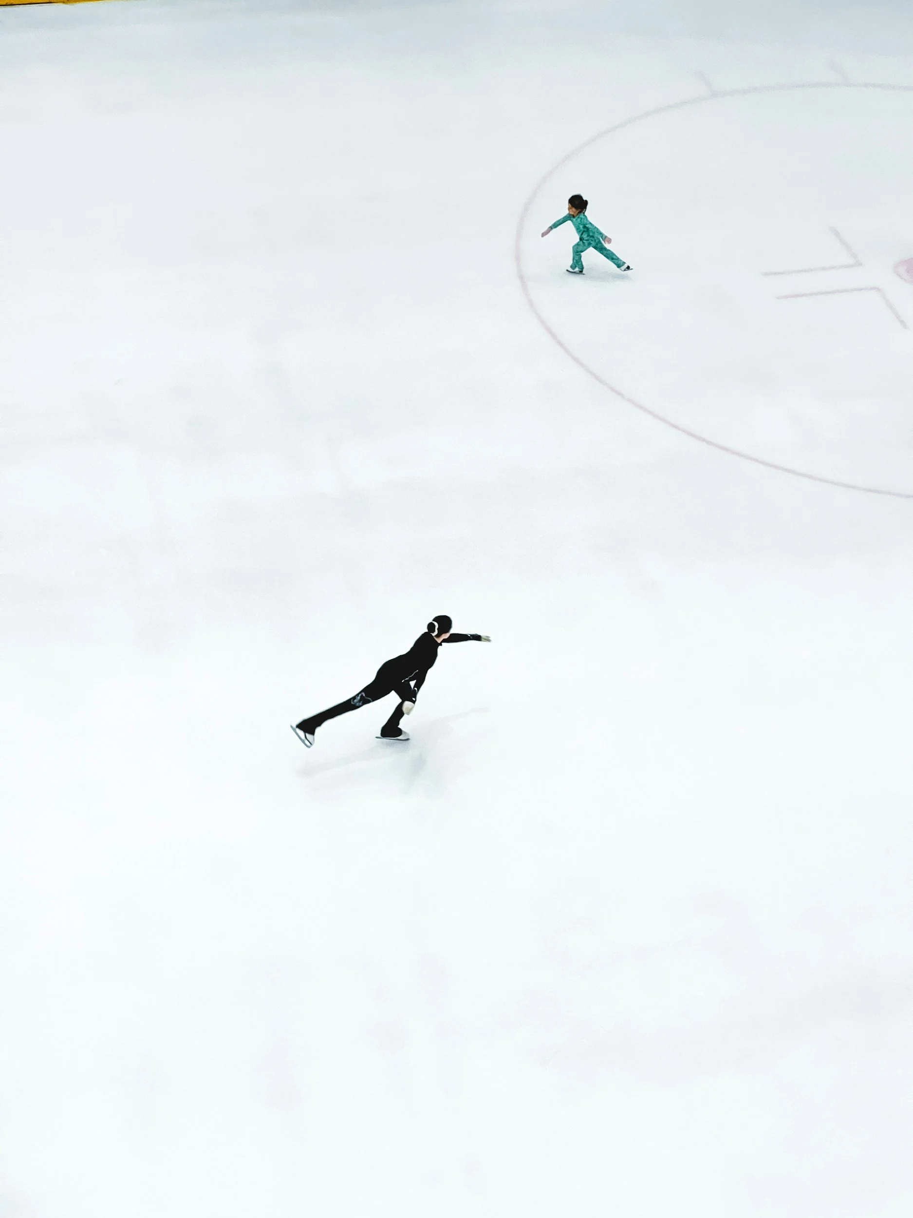 Two figure skaters, one in black and one in turquoise, skating on an ice rink.