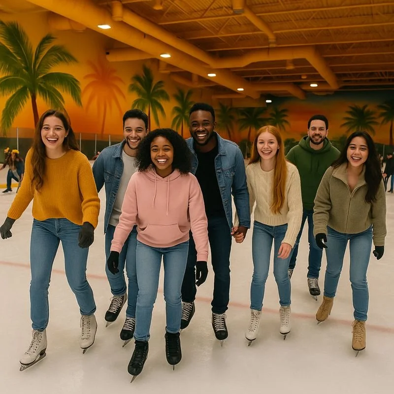 A group of seven young adults skating on an indoor ice rink with a painted background of palm trees and sunset.