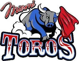 A cartoon image of a charging bull wearing a blue jersey, with the text 'Miami T-oros', featuring the Miami Hurricanes logo and colors.
