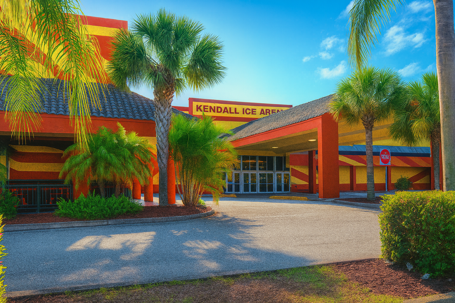 Outside view of Kendall Ice Arena with colorful building, palm trees, and clear blue sky.