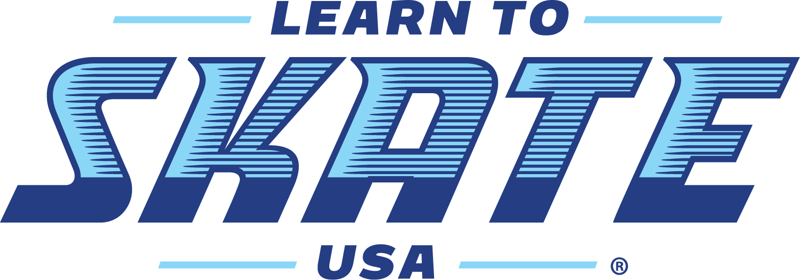 Logo with the text "Learn to Skate USA" in stylized blue font with black and light blue accents.