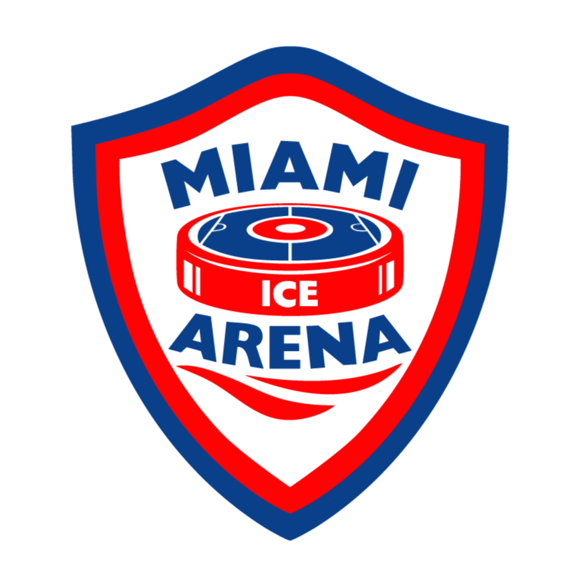 Logo of Miami Ice Arena featuring a hockey puck with the words 'Miami Ice Arena' and a shield outline.