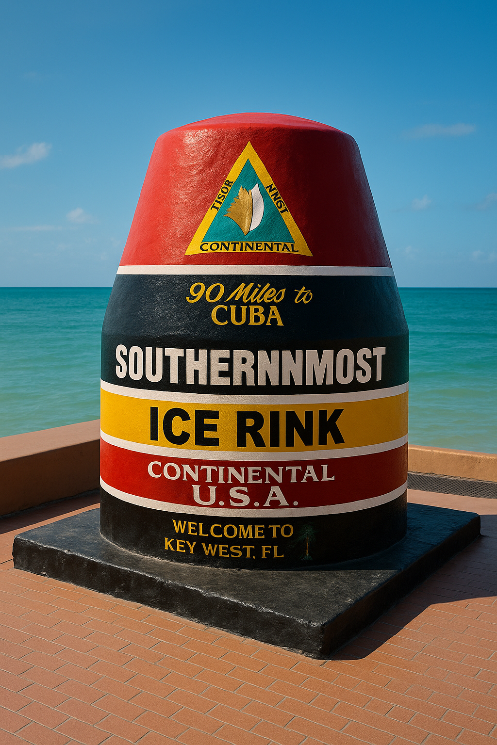A large buoy-shaped sign on a boardwalk by the ocean reads: '90 Miles to Cuba, Southernmost Ice Rink, Continental U.S.A., Welcome to Key West, FL'. The sign features a colorful emblem for the continental jurisdiction, with a blue sky and ocean in the background.