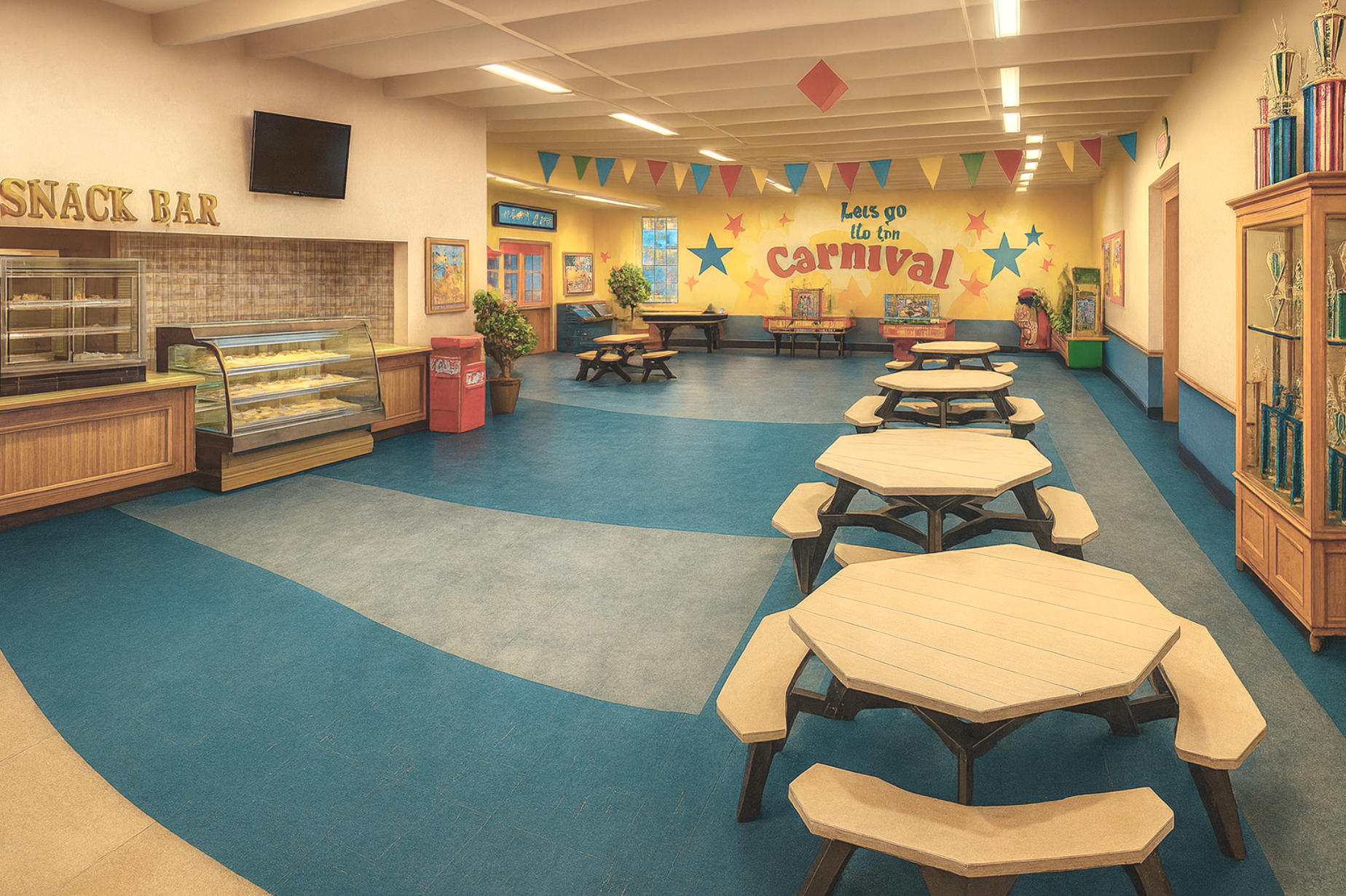 Indoor carnival-themed area with blue and beige flooring, picnic tables, snack bar, colorful banners, and carnival decorations on the wall.