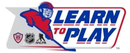 Logo for Learn to Play featuring a hockey player, and logos for the recent champions Miami hockey, NHL, NHLPA, involving hockey themes.