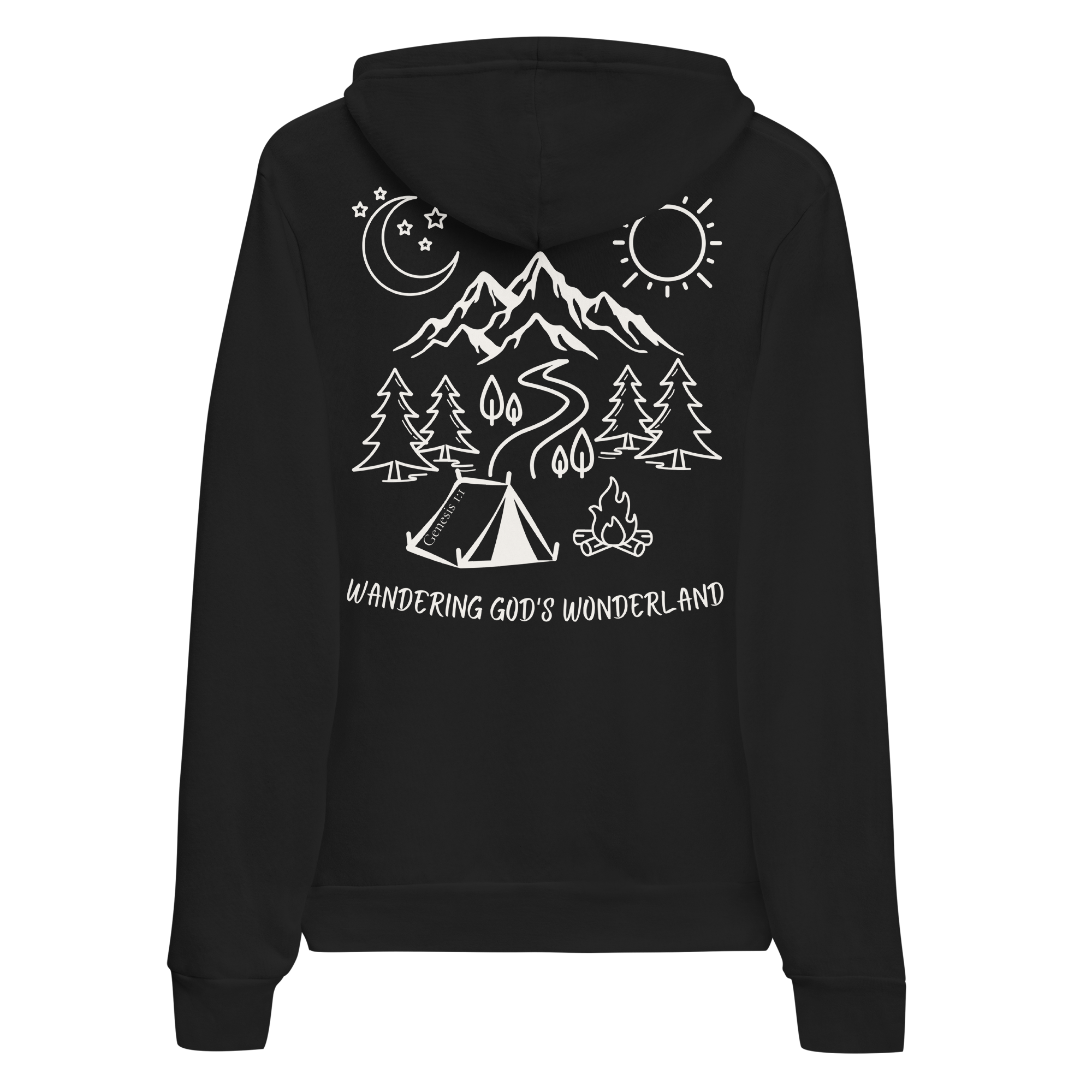 Wandering God’s Wonderland Hoodie | Genesis 1:1 Christian Adventure Sweatshirt (Back Print)