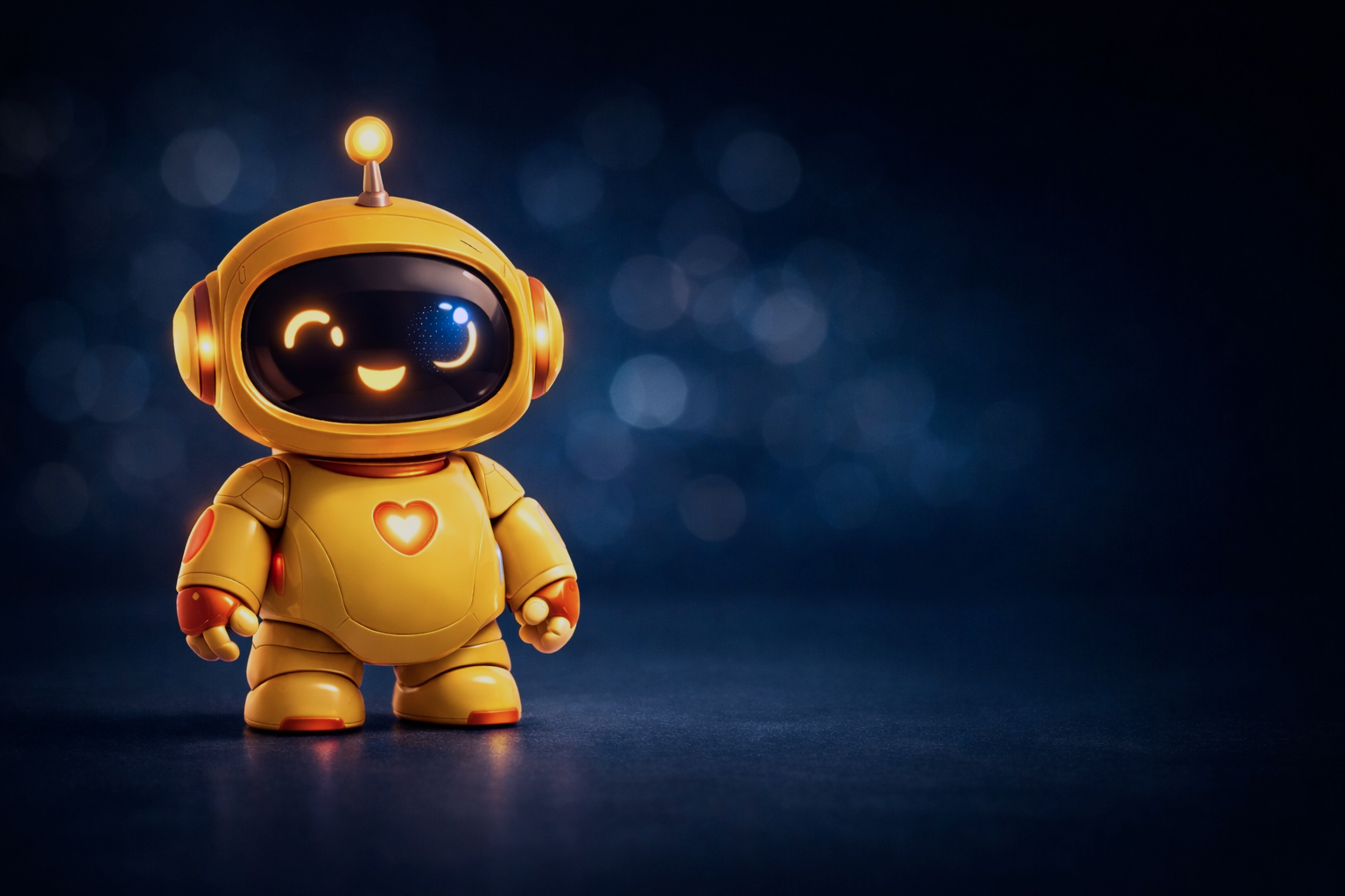 A small yellow robot with a heart symbol on its chest, closed eyes and a smiling mouth displayed on its face, standing on a dark surface with a blurred dark blue background and bokeh light effects.