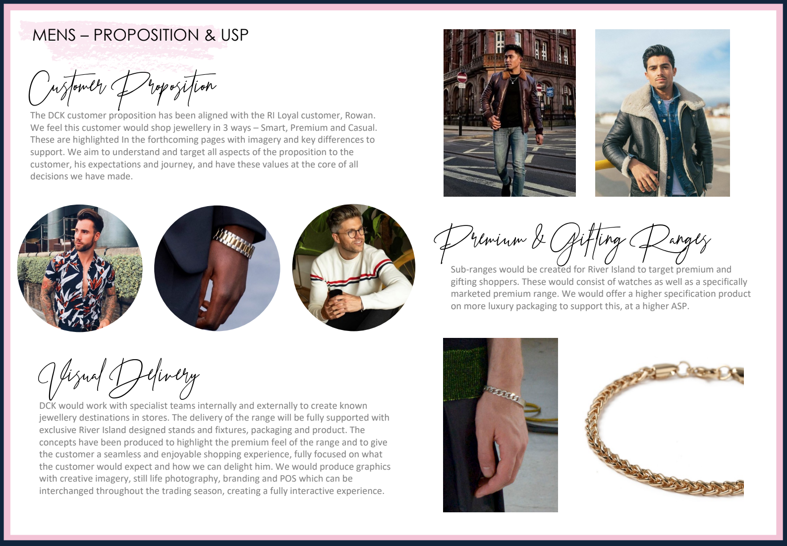 Presentation slide about men's jewelry and customer proposition, featuring photos of men wearing jackets and casual clothing, a man in a floral shirt, a close-up of a wrist with a gold watch, a man with glasses holding a phone, and images of bracelets and jewelry.