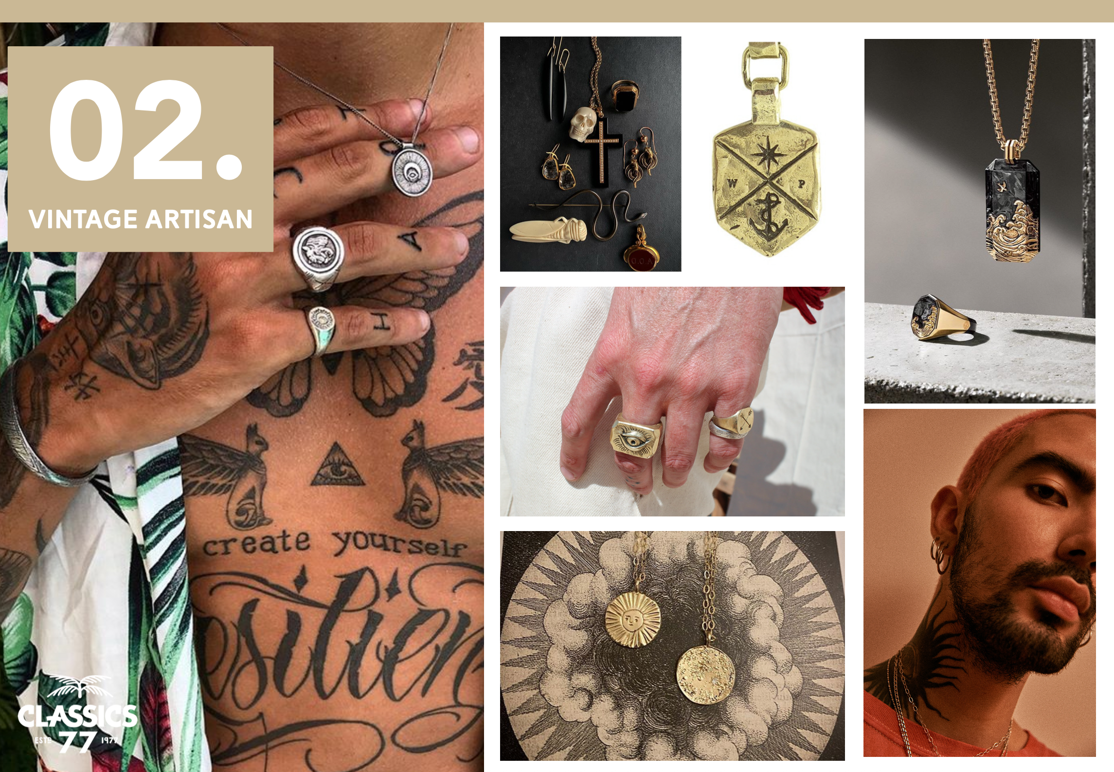 Collage of vintage artisan jewelry including rings, necklaces, and pendants, with close-up images of tattoos and hands wearing rings, and a portrait of a tattooed man wearing jewelry.