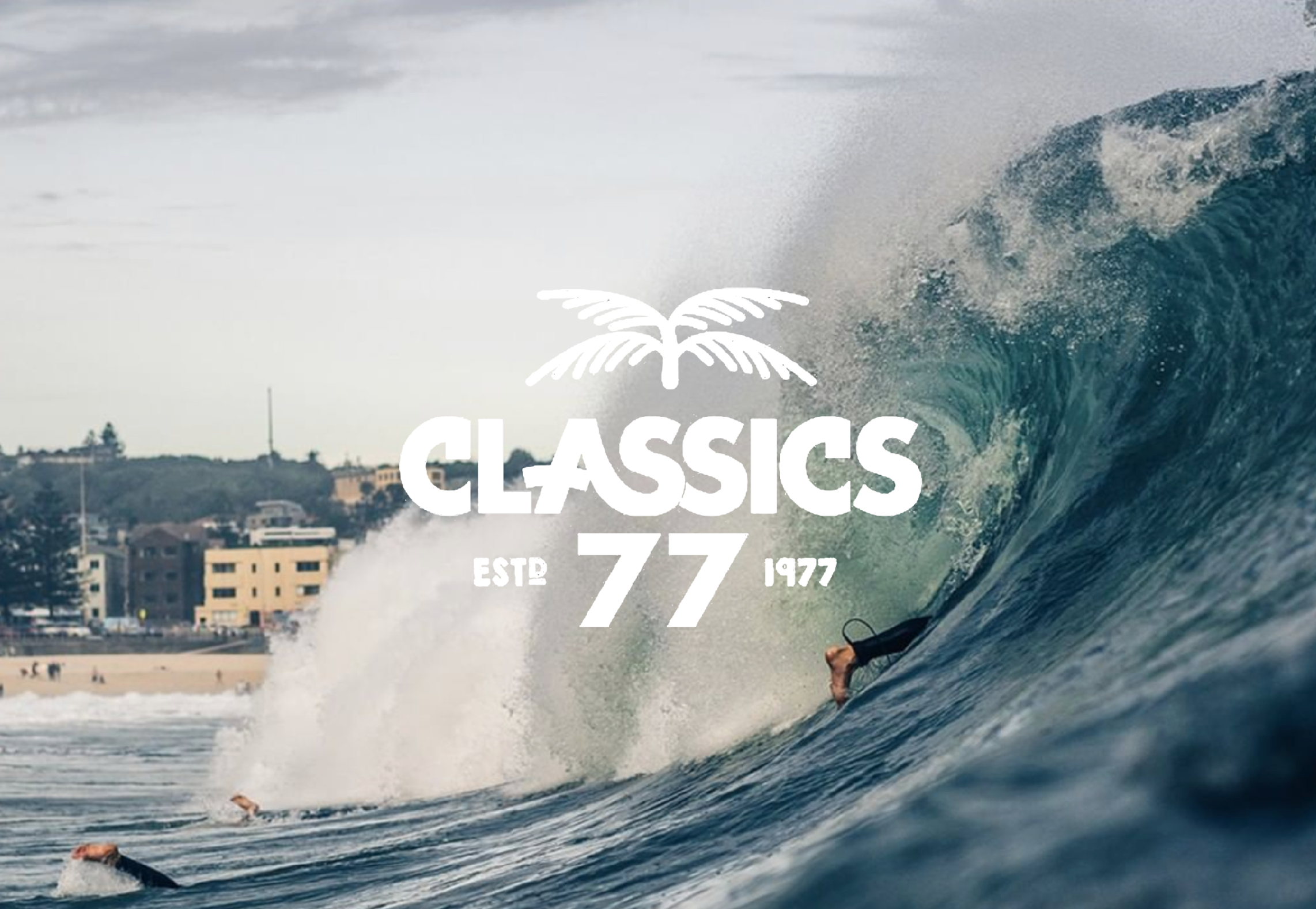 A large wave crashing near a beach with buildings in the background, overlaid with the logo 'Classics '77' and a palm tree graphic.