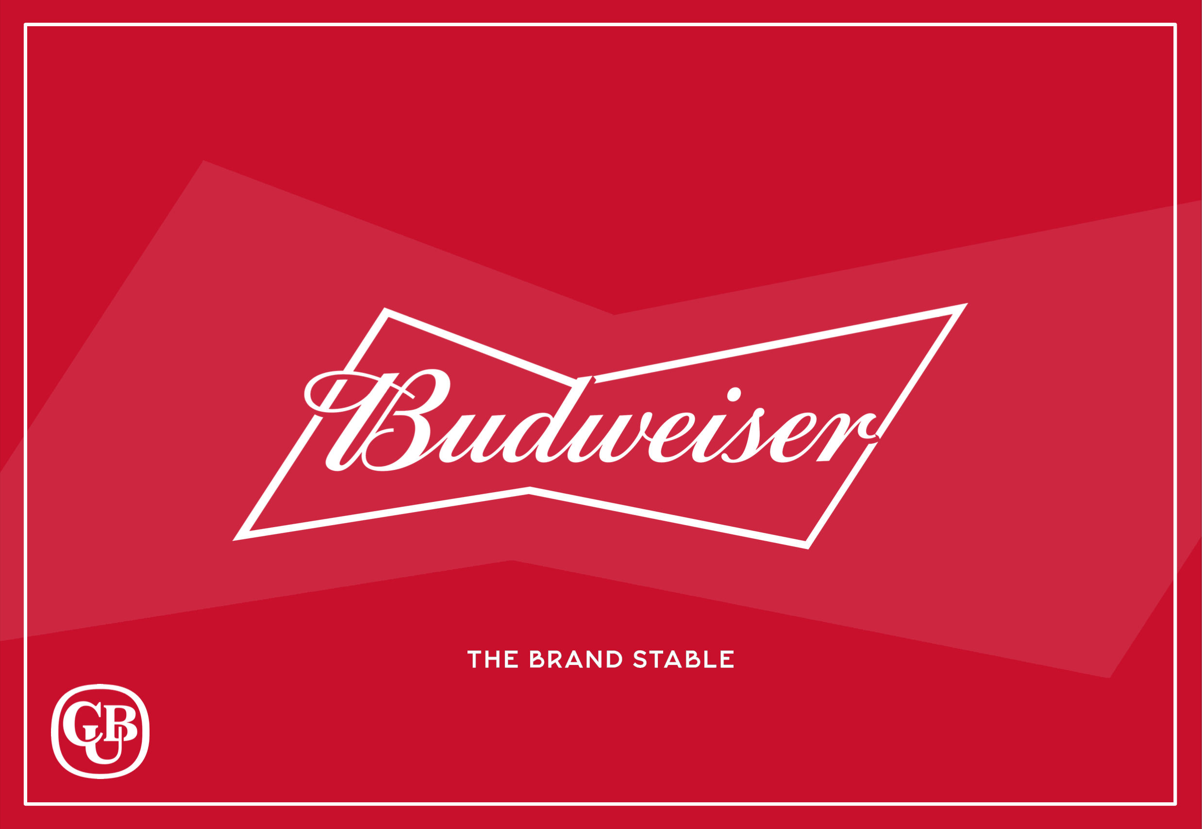 Red background with a white outlined parallelogram and the word 'Budweiser' in white cursive font centered inside it. Text below reads 'The Brand Stable' in white. A circular logo in the bottom left corner with initials 'GB' inside.
