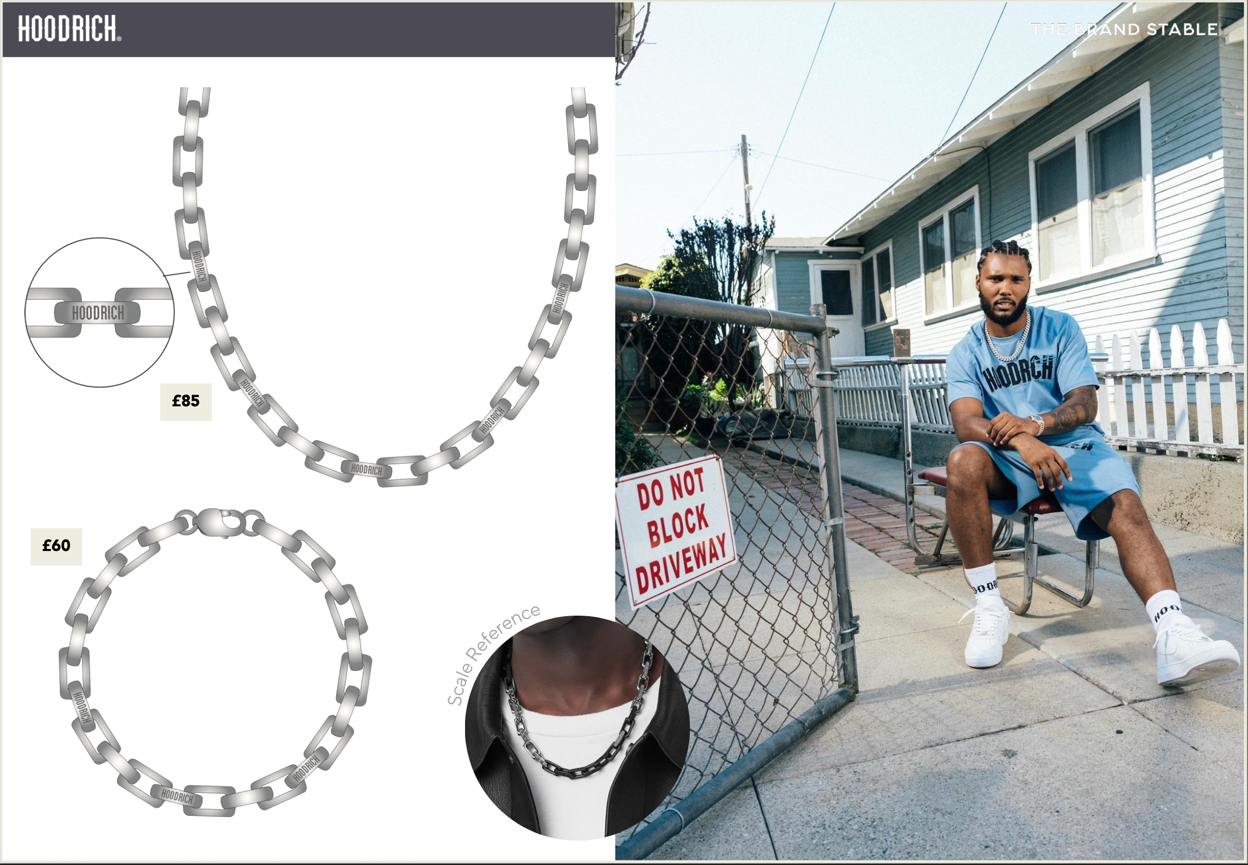 A young man wearing a blue 'Hoodrich' t-shirt and shorts, sitting on a chair outside a house, with a chain necklace also featuring the 'Hoodrich' logo displayed in a separate graphic.