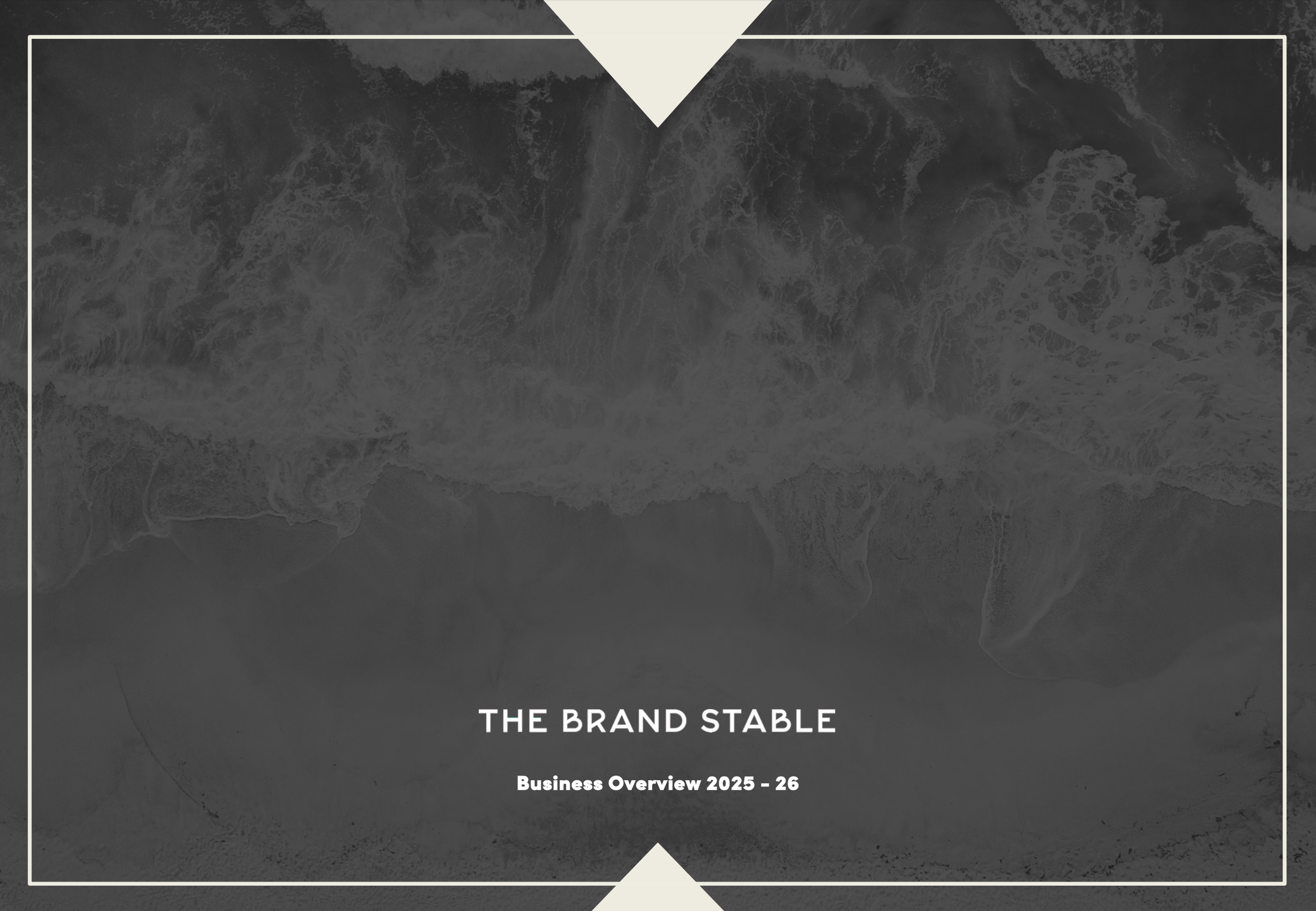 Cover page of a business overview report titled 'The Brand Stable' for the year 2025-26, featuring a grayscale image of ocean waves.