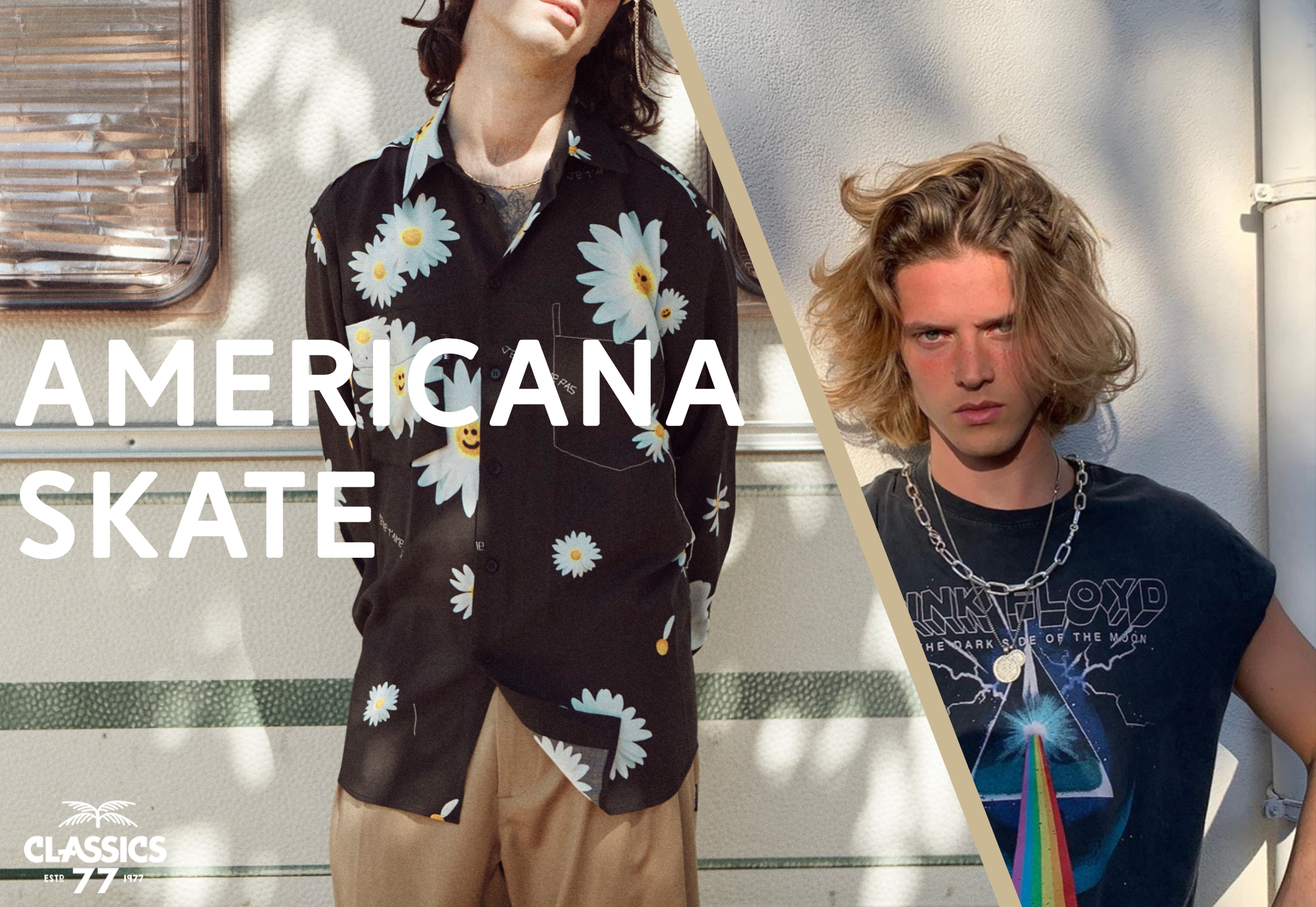 Photograph of two young men with styled hair, one wearing a daisy-patterned shirt and the other wearing a Black Sabbath t-shirt and chain necklace, standing outdoors.