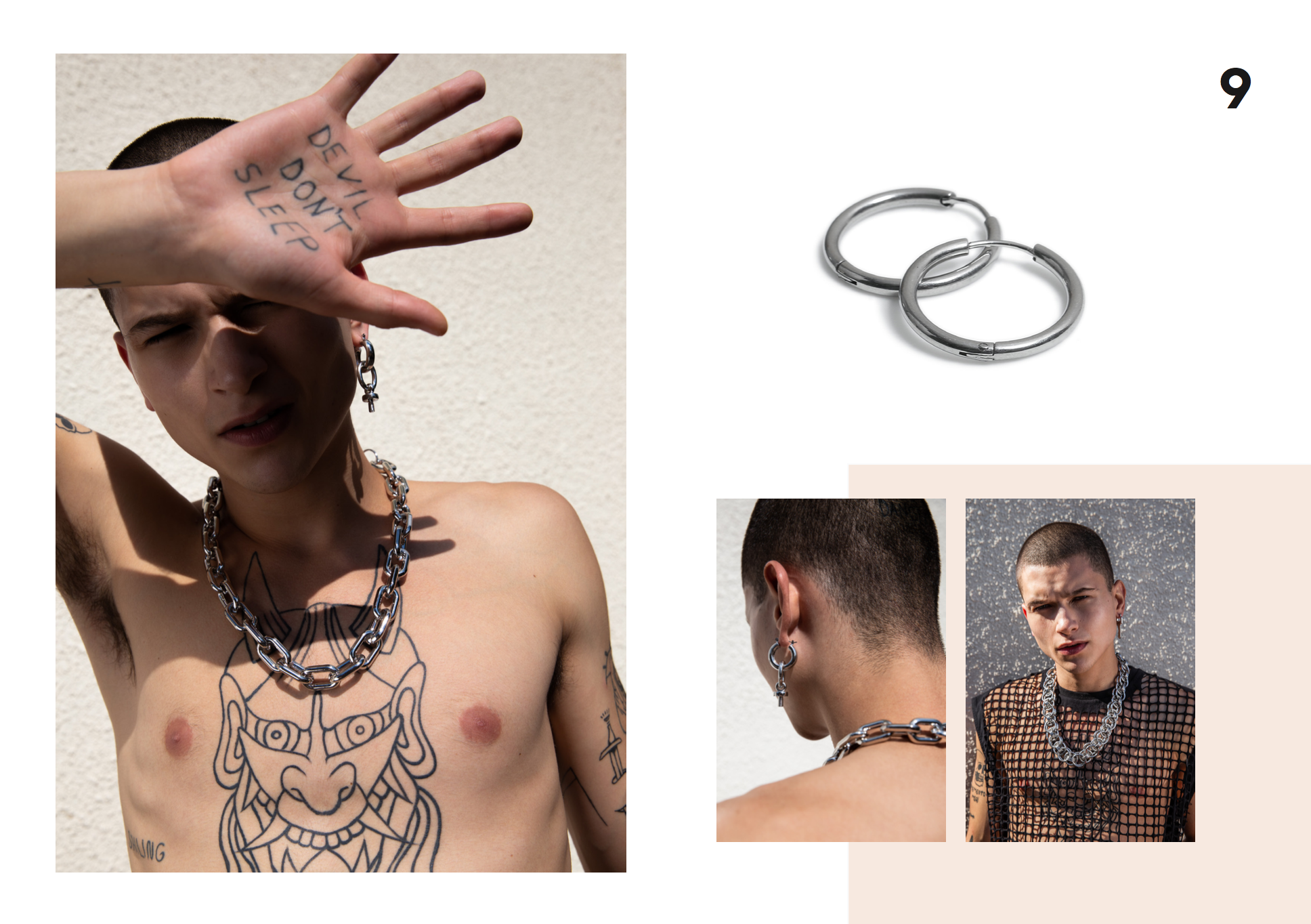 A young person with tattoos and jewelry poses outdoors against a light-colored wall, raising their hand to block the sun. They wear a large silver chain necklace, hoop earrings, and a fishnet top in a second photo. The images also include close-ups of the jewelry, specifically silver hoop earrings and the chain necklace.
