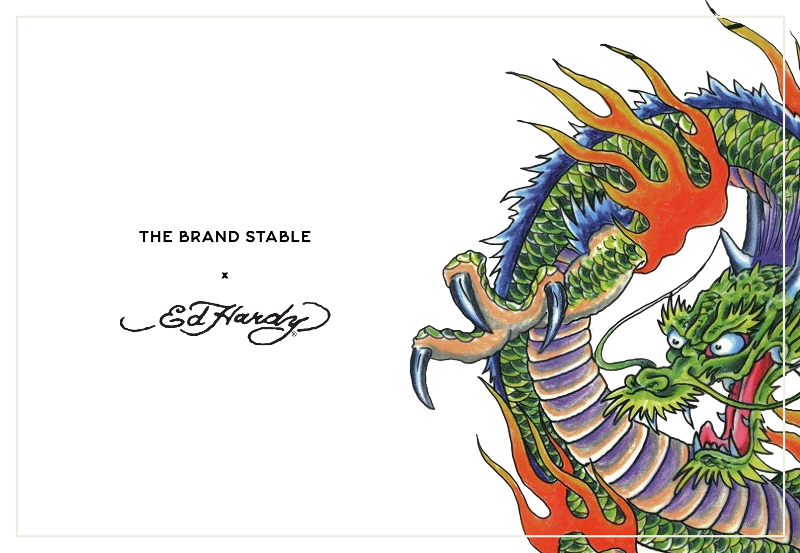 Colorful illustration of a dragon on the right side, with the text 'The Brand Stable' and 'Ed Hardy' on the left.