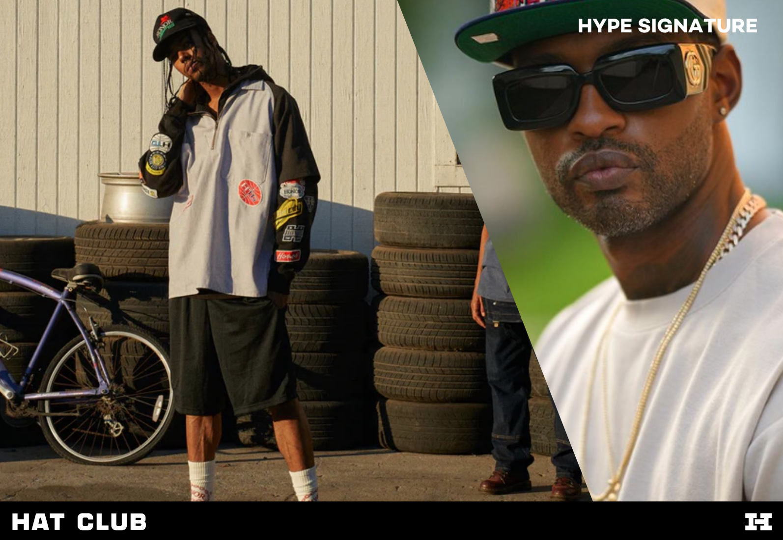 A collage with two separate images: on the left, a man wearing a jacket with patches, shorts, and a cap, standing next to a bicycle in front of stacks of tires; on the right, a close-up of a man wearing sunglasses, a cap, and a gold chain, with the text 'HYPE SIGNATURE' at the top. The bottom of the collage has the text 'HAT CLUB' on the left and 'II' on the right.