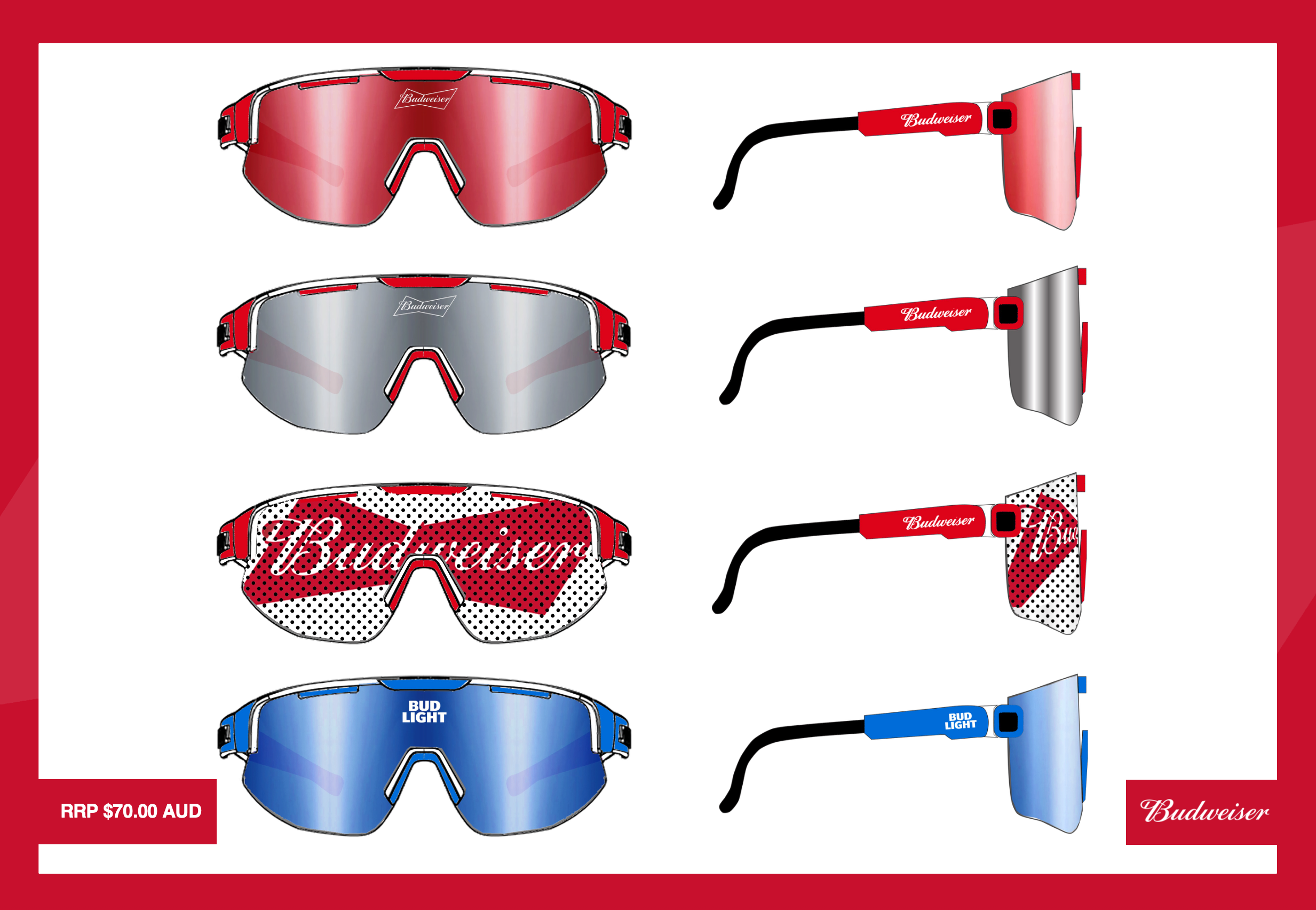 A display of four different styles of sunglasses and their corresponding lenses, each with a red or blue frame, and the Budweiser logo on the arms. The styles include mirrored red, mirrored silver, printed red and black, and blue with the label 'BUD LIGHT'. The price is listed as RRP $70.00 AUD.
