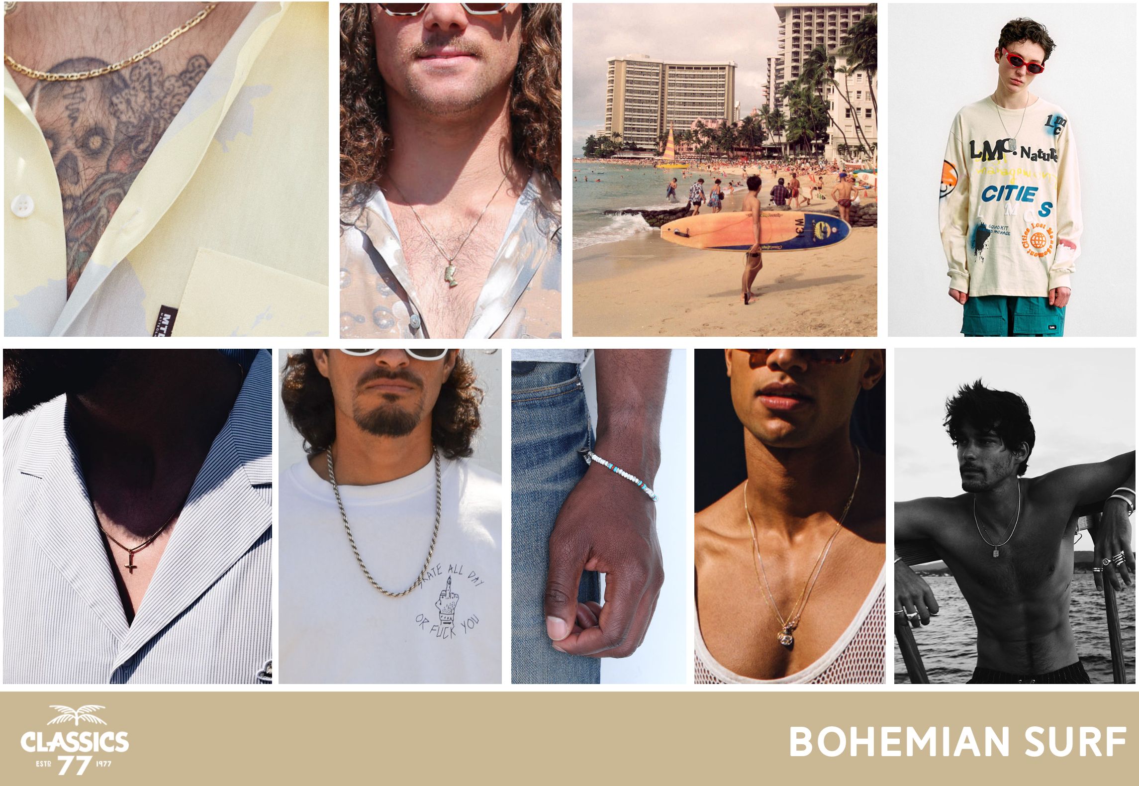 Collage of people wearing jewelry and casual clothing at a beach, with the ocean and hotel buildings in the background, promoting Bohemian surf style.