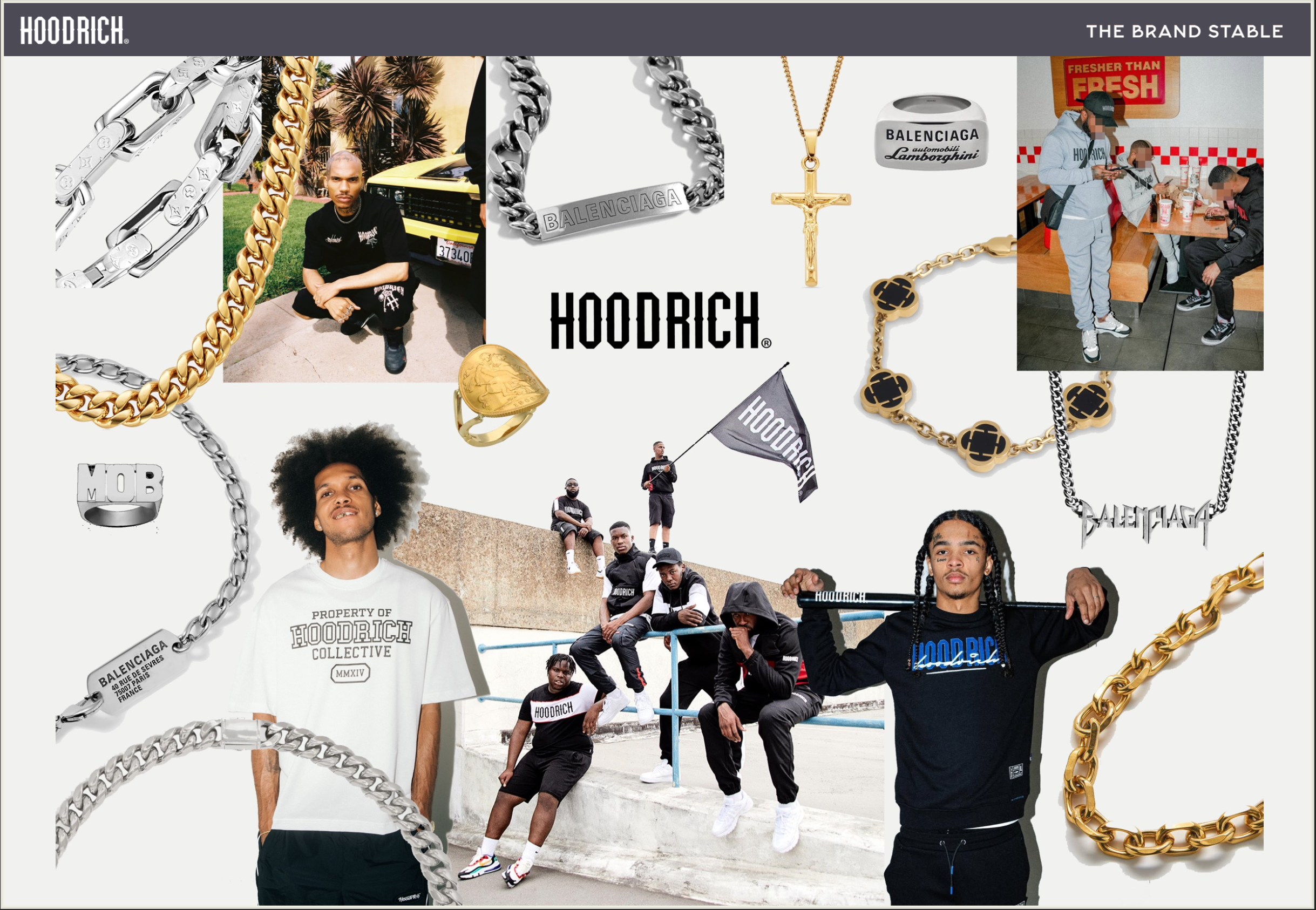 Collage featuring models wearing and showcasing Hoodrich-branded jewelry, clothing, and accessories, with group photos of young men wearing Hoodrich apparel, and a small photo of people eating at a restaurant, all set against a white background with scattered jewelry pieces and the Hoodrich logo.