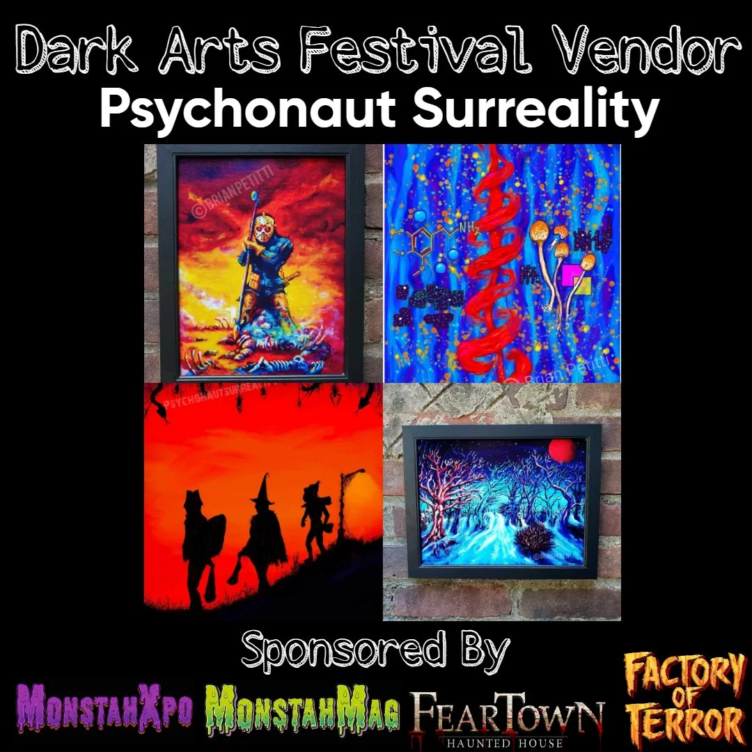 Collage of four vibrant horror-themed paintings at the Dark Arts Festival, featuring surreal and spooky imagery with a vendor sign for PsychoNaunt Surreality.
