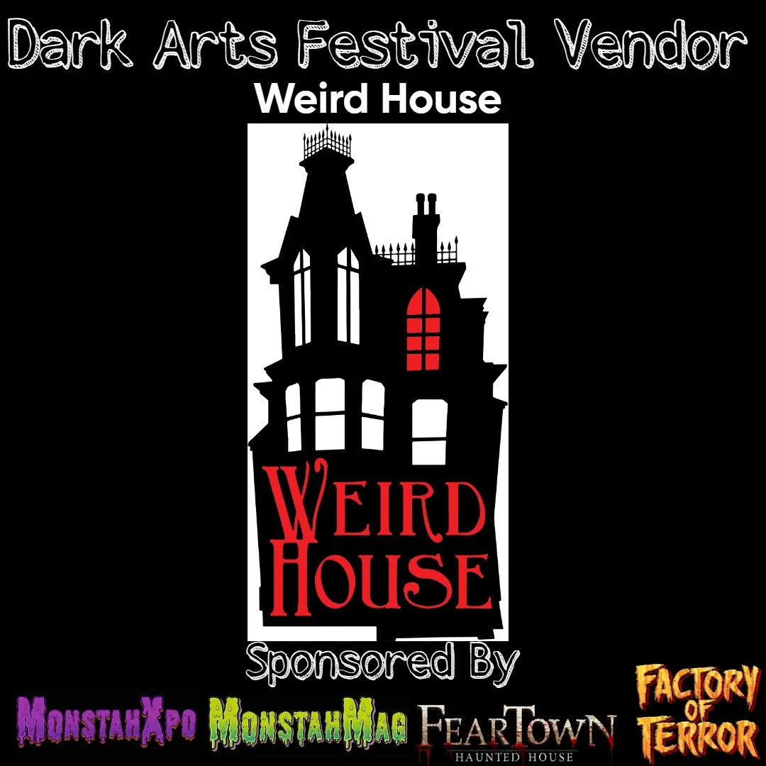 Poster for the Dark Arts Festival Vendor featuring a spooky haunted house with tall towers, glowing red windows, and gothic architecture, with event sponsors listed at the bottom.