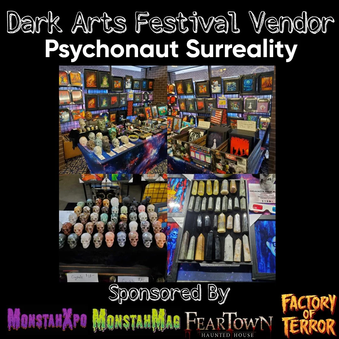 Dark Arts Festival Vendor showcasing surreal and psychedelic artwork and collectibles, including framed paintings, skull figurines, and crystal gemstones at a haunted house event.
