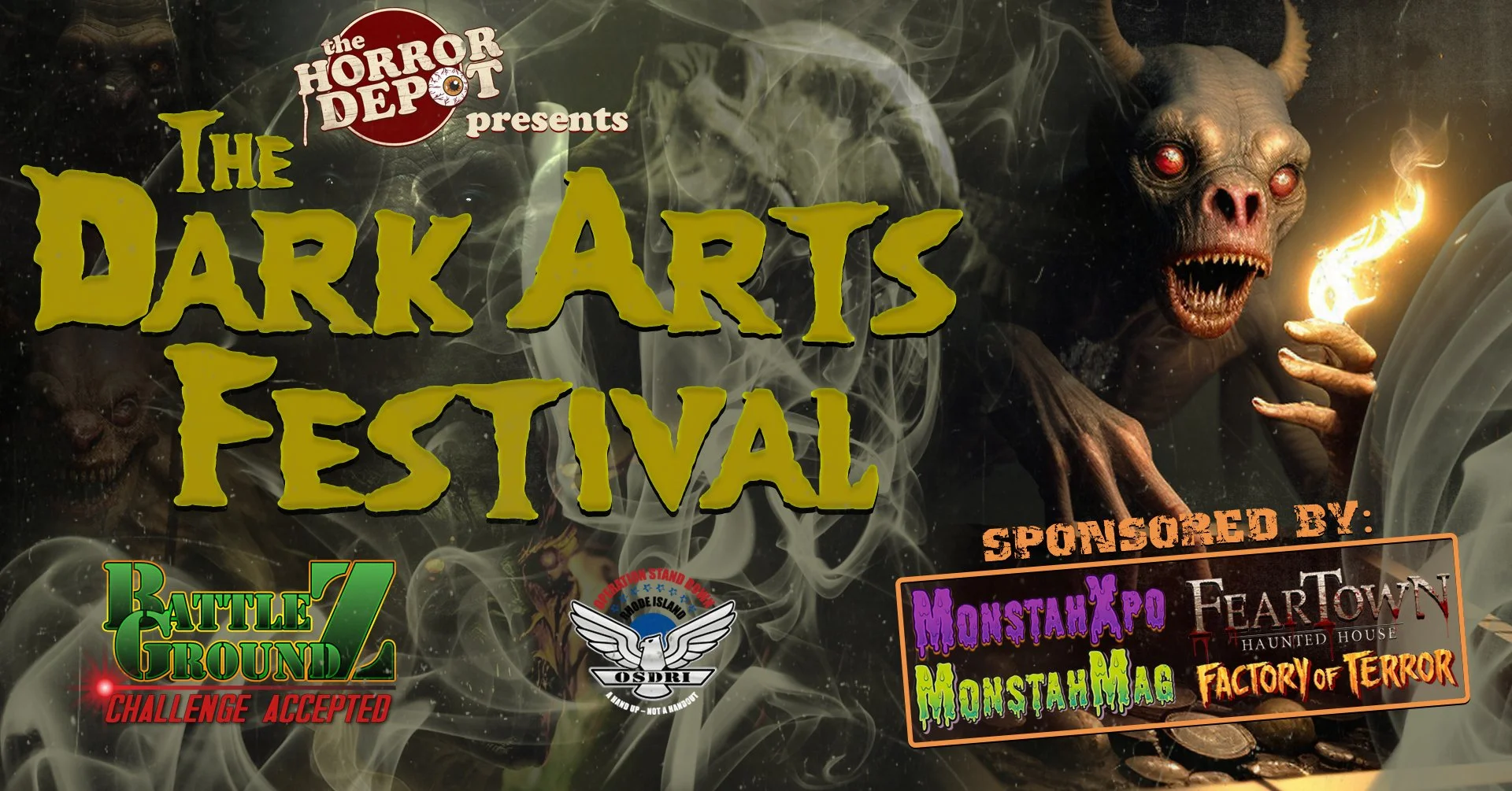 Event poster for the Dark Arts Festival with a demonic creature holding a flaming staff on a smoky background, featuring logos of sponsors and haunted house attractions.