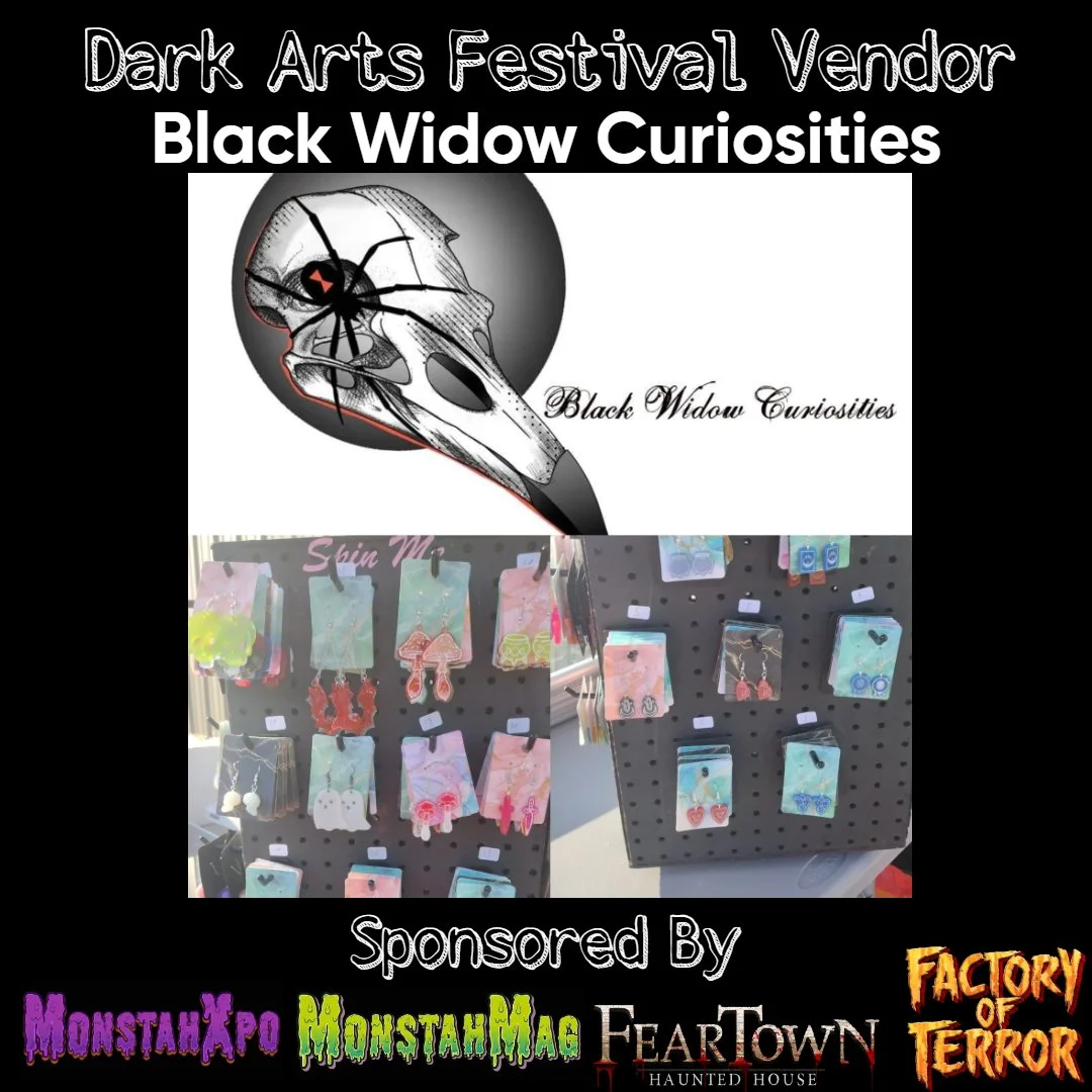 Poster for Dark Arts Festival Vendor Black Widow Curiosities featuring a black and white illustration of a bird skull with a spider on it, and jewelry displayed on a board.