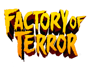 Logo of Factory of Terror amusement park in Fall River, MA with bold yellow and orange text on a black background.