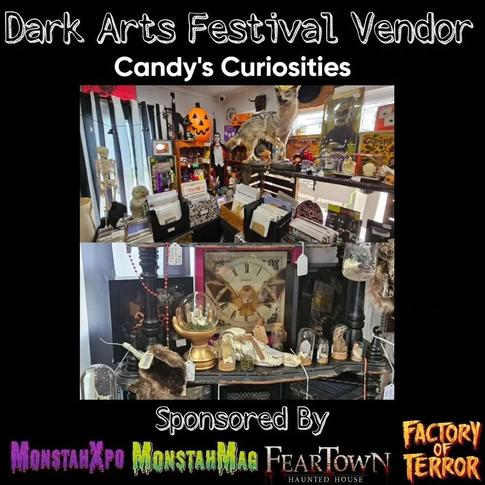 The image shows a booth at the Dark Arts Festival Vendor event, featuring various spooky and gothic decorations, collectibles, and curiosities. Items include a large pumpkin with a carved face, a taxidermy animal, an antique clock, glass jars, skull decorations, and other dark-themed decor.