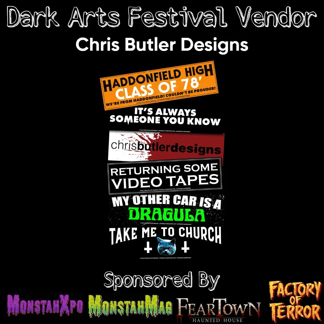 Poster for Dark Arts Festival with various vendor names and humorous slogans, featuring sponsors MonstahXpo, MonstahMug, FearTown Haunted House, and Factory of Terror.