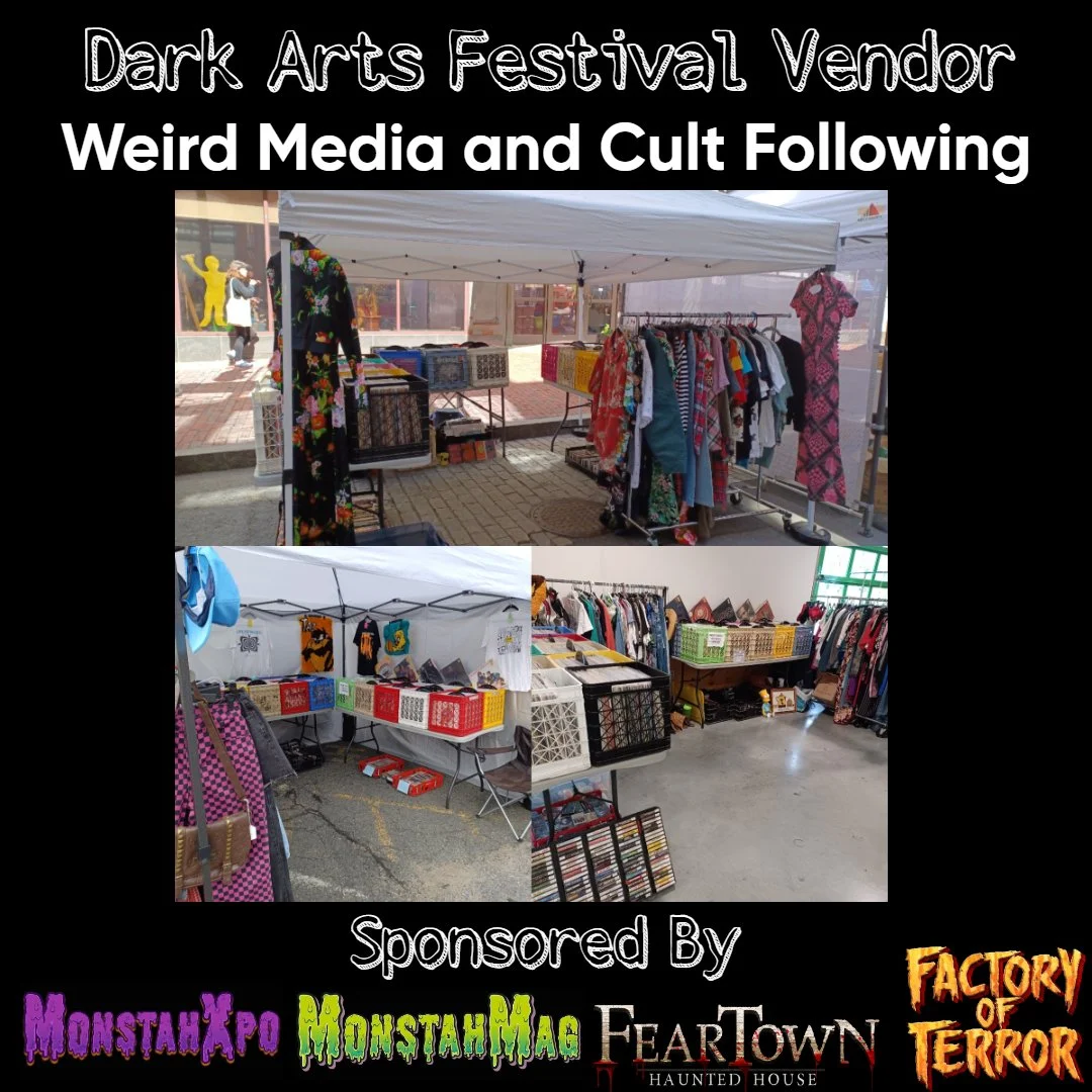 Photographs of vendor booths at a dark arts festival showcasing various media and cult-themed merchandise such as clothing, artwork, and collectibles.