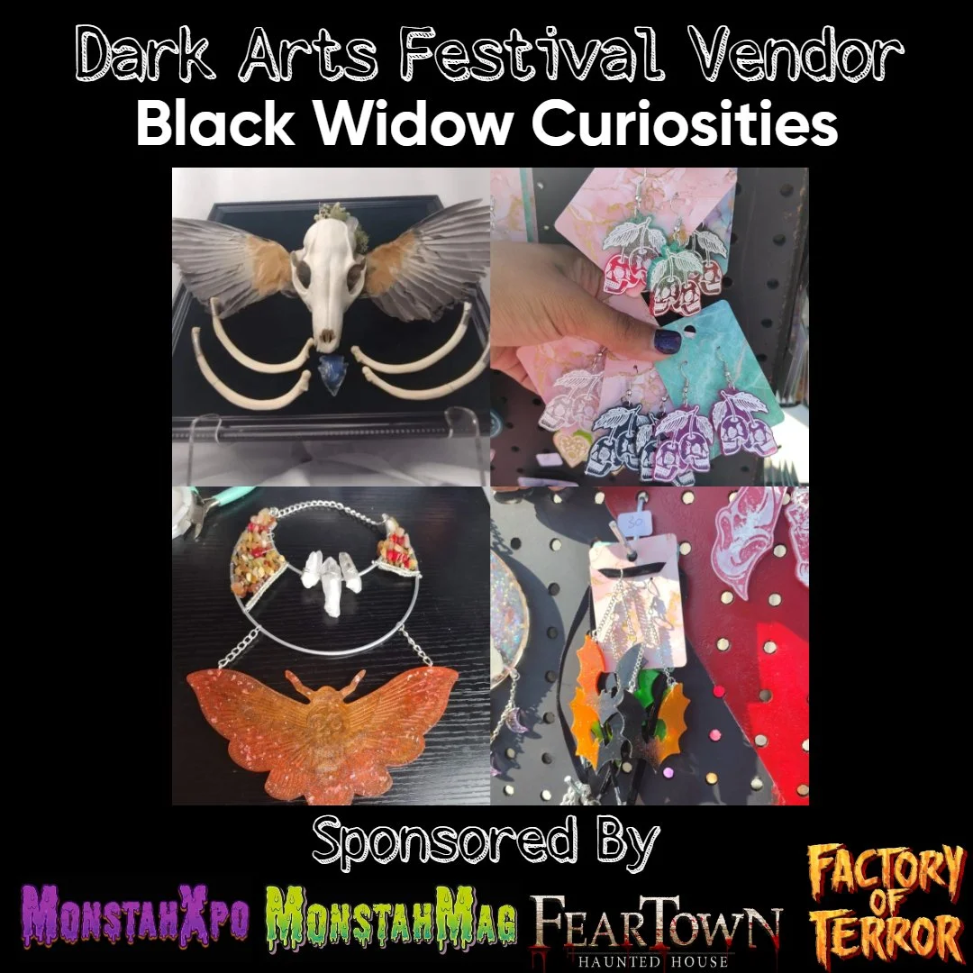 Poster advertising the Dark Arts Festival Vendor featuring jewelry crafts and Halloween-themed accessories, with images of a bird skull with wings, colorful earrings, a butterfly necklace, and other jewelry pieces.