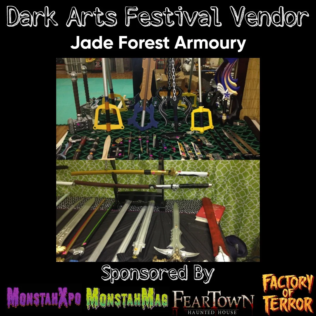 Display of various fantasy and cosplay weapons at the Dark Arts Festival Vendor booth, including swords, axes, and staffs, with promotional banners for MonstahXpo, MonstahMaag, FearTOWN Haunted House, and Factory of Terror.
