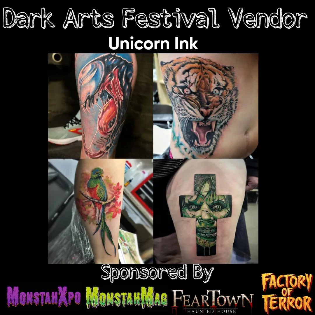 Advertisement for Dark Arts Festival Vendor Unicorn Ink, showing four tattooed arms with different tattoos: a blue and red dragon, a roaring tiger, a colorful parrot with pink flowers, and a green face cross.