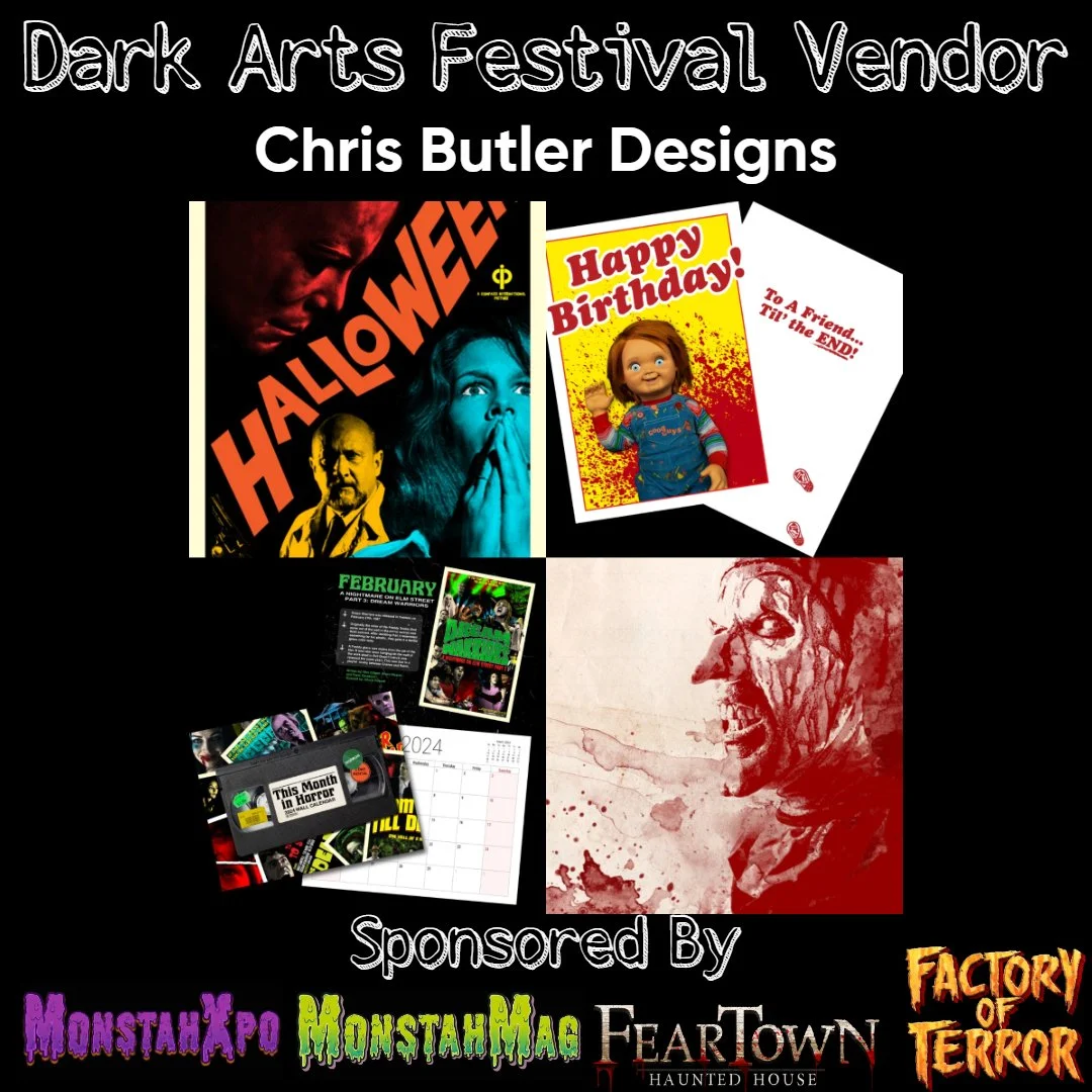 A promotional poster for the Dark Arts Festival Vendor featuring various horror-themed items, greeting cards, event posters, a calendar, and artwork, sponsored by MonstahXpo, MonstahMaq, FearTown Haunted House, and Factory of Terror.
